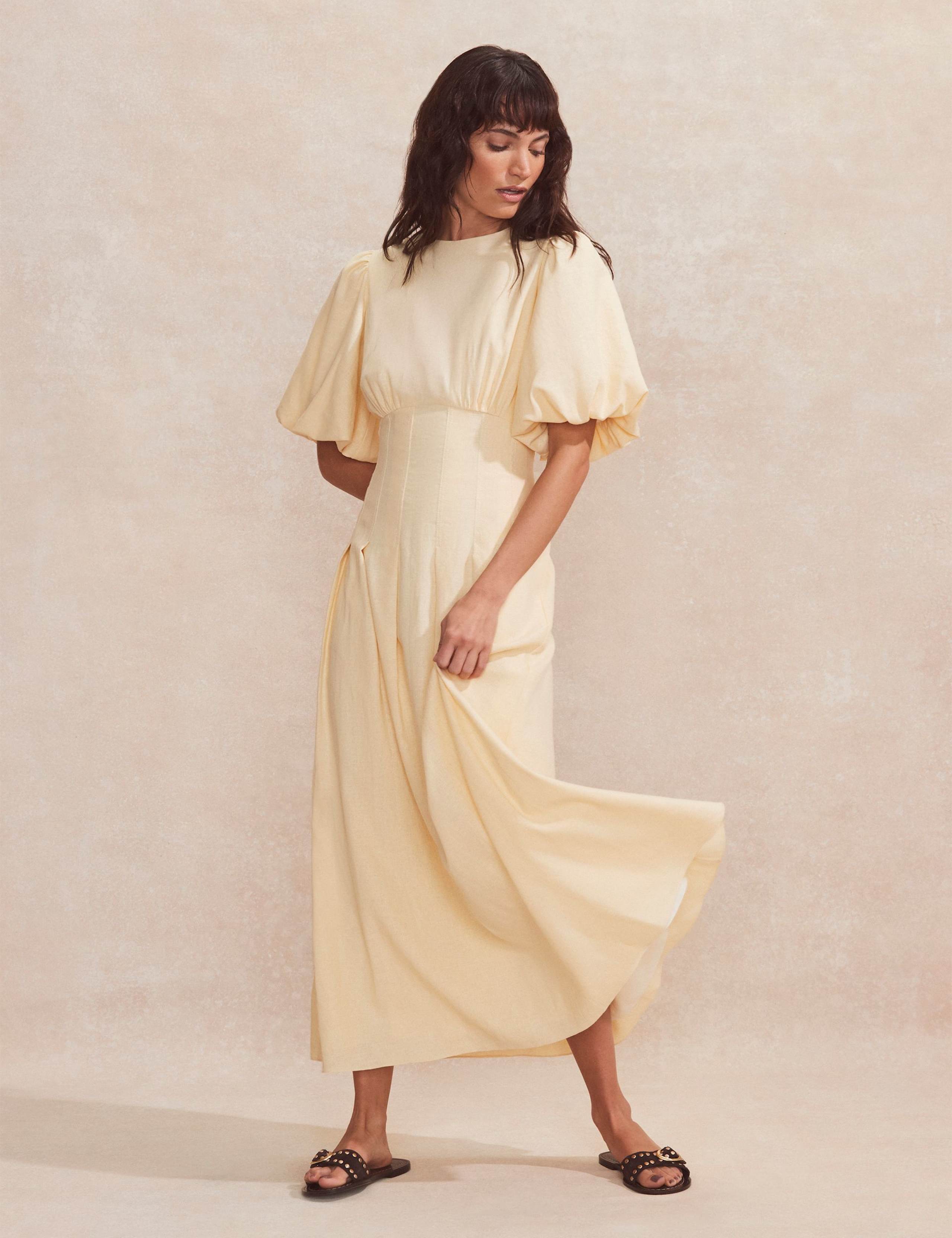 Linen Rich Pleated Midaxi Waisted Dress