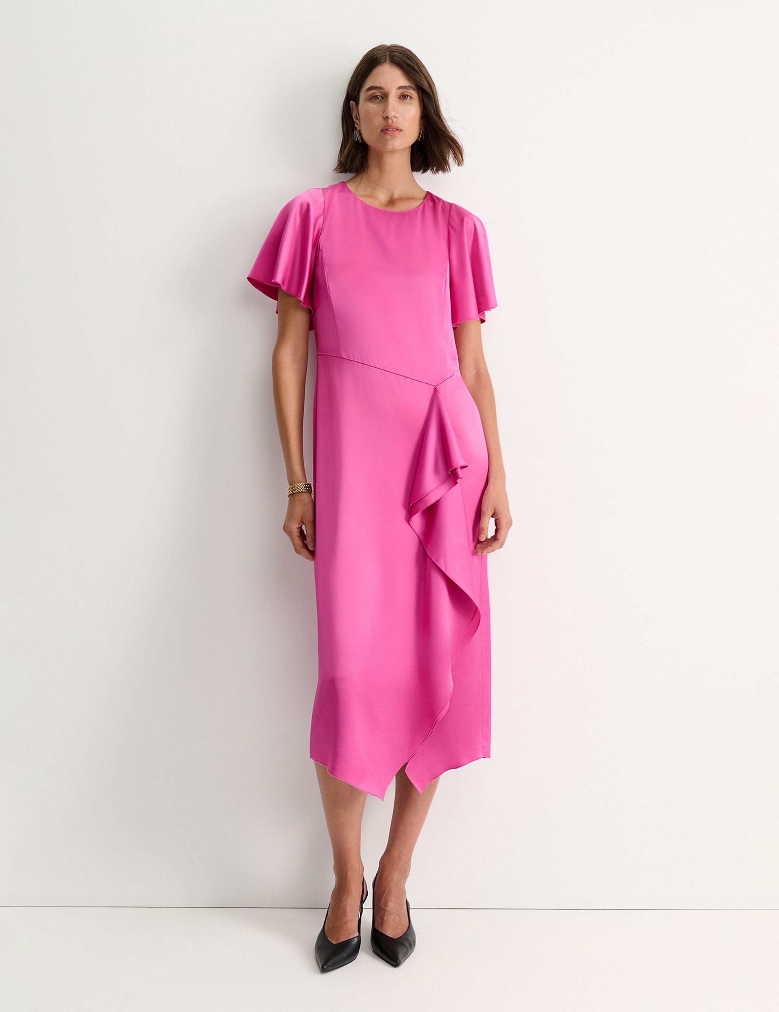 Ruffle Angel Sleeve Midi Waisted Dress
