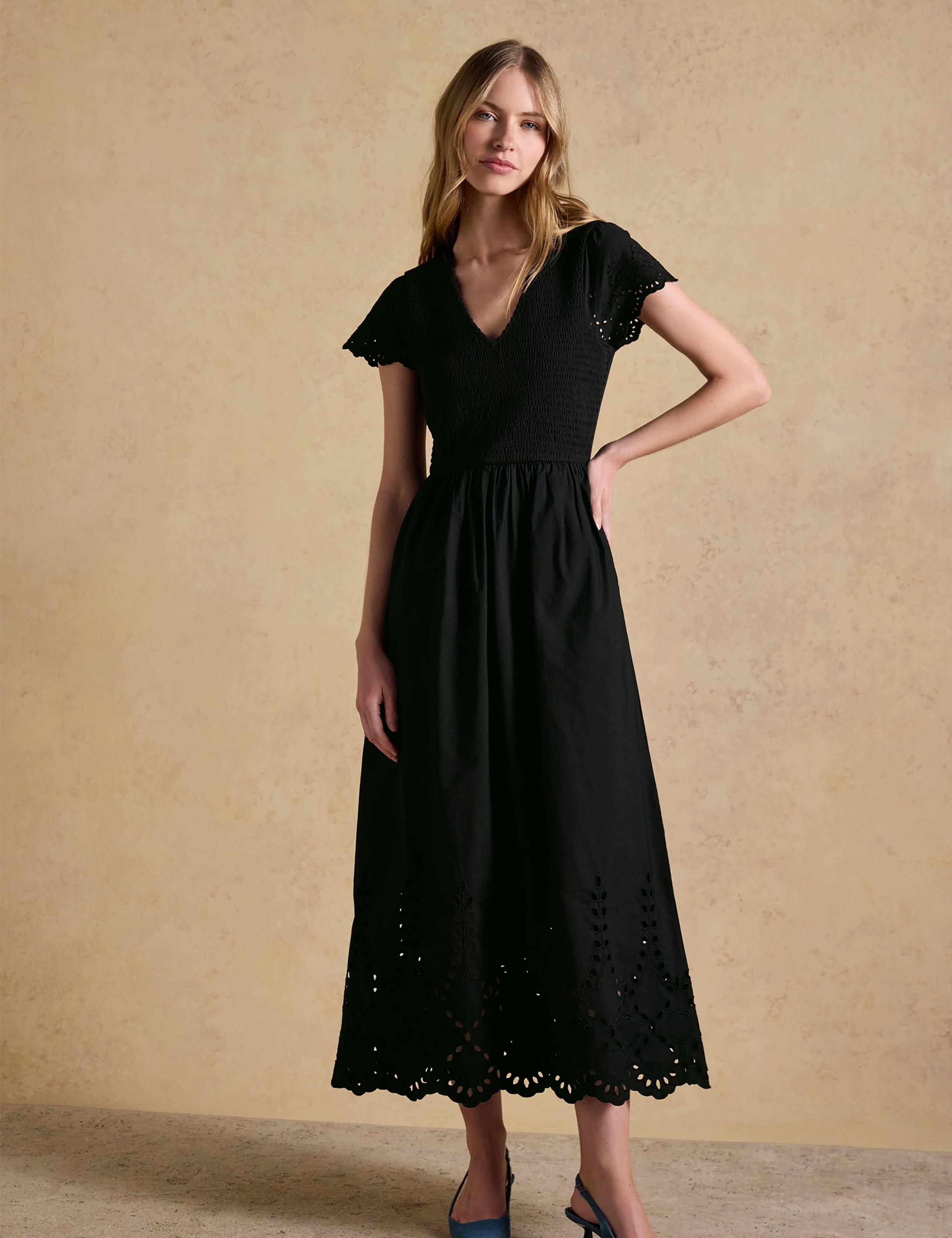 Pure Cotton Broderie V-Neck Midi Shirred Dress