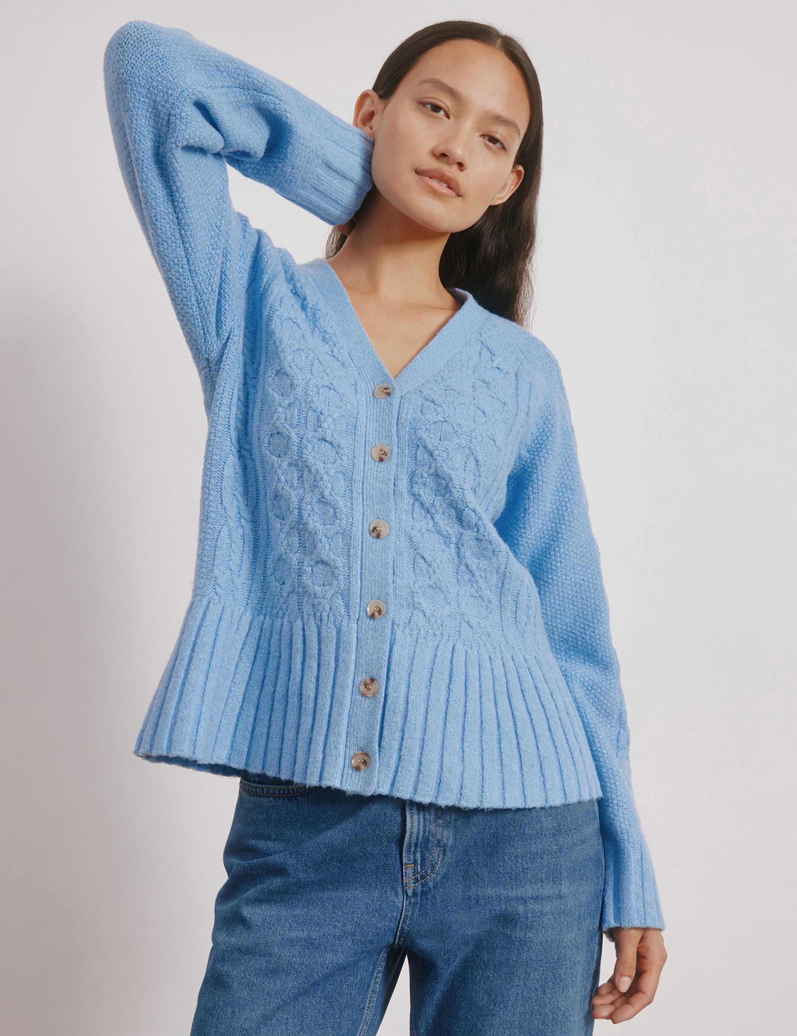 Cable Knit Peplum Cardigan with Wool