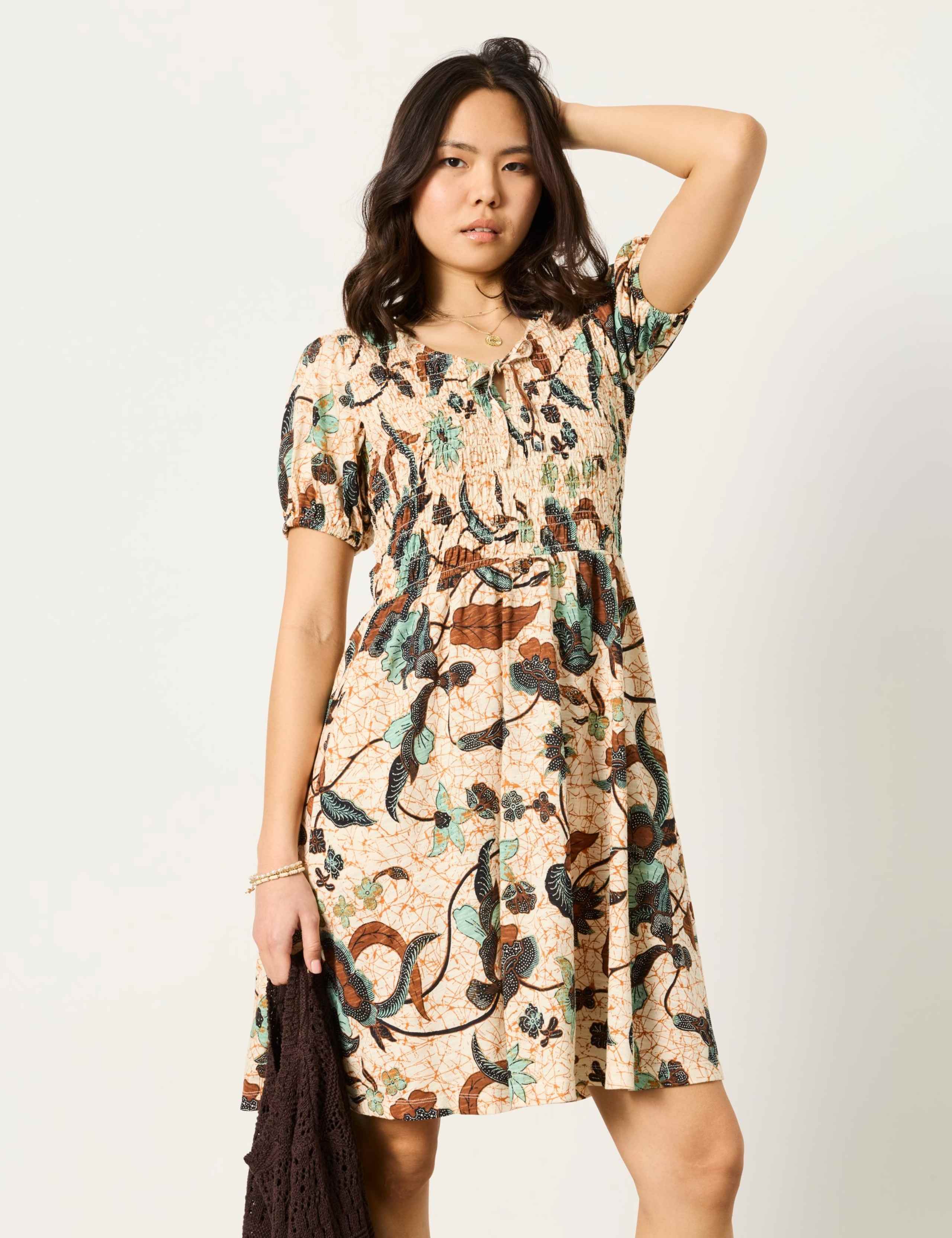 Nora Jersey Batik Print Shirred Mini Dress