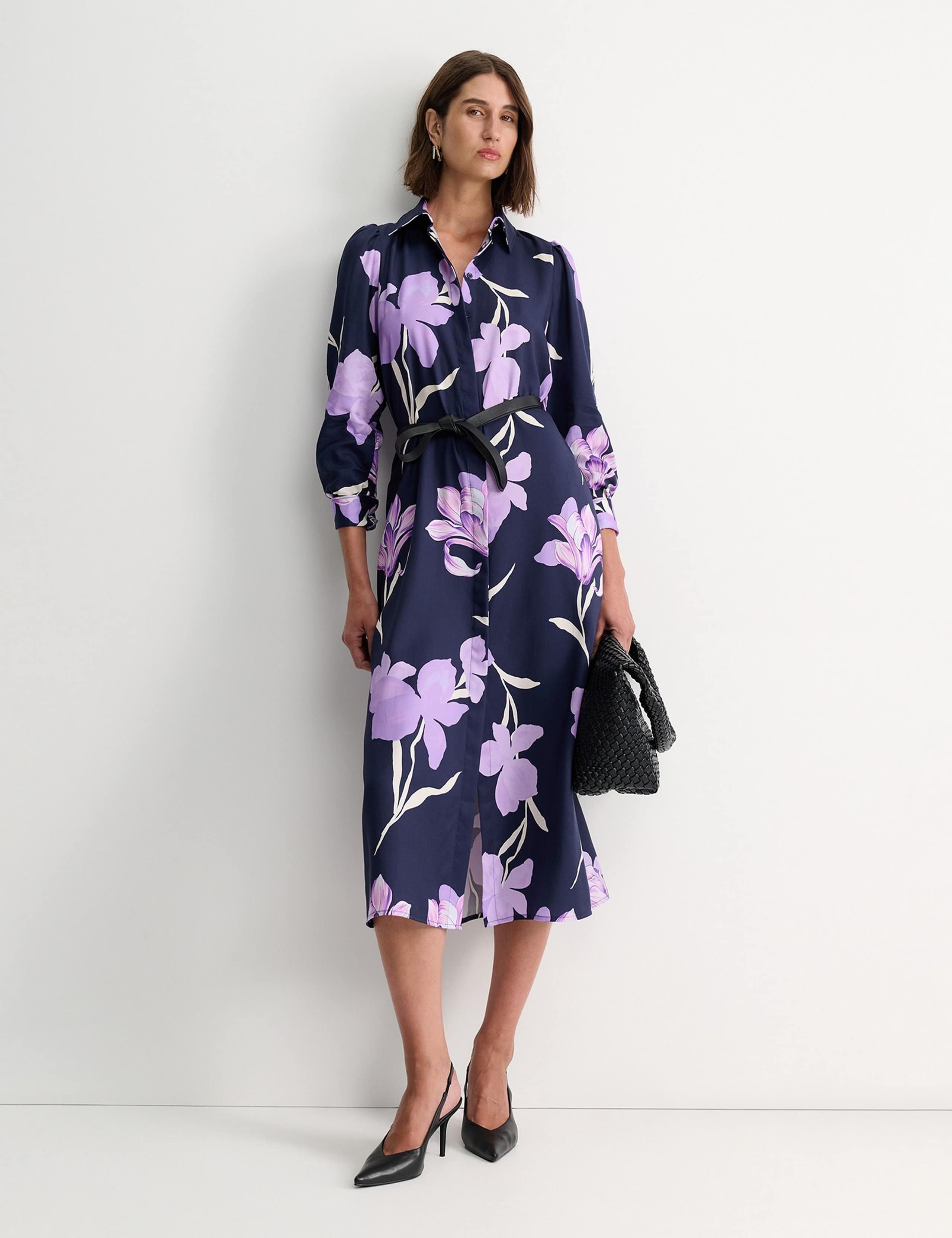 Pure Lyocell Floral Belted Midi Shirt Dress