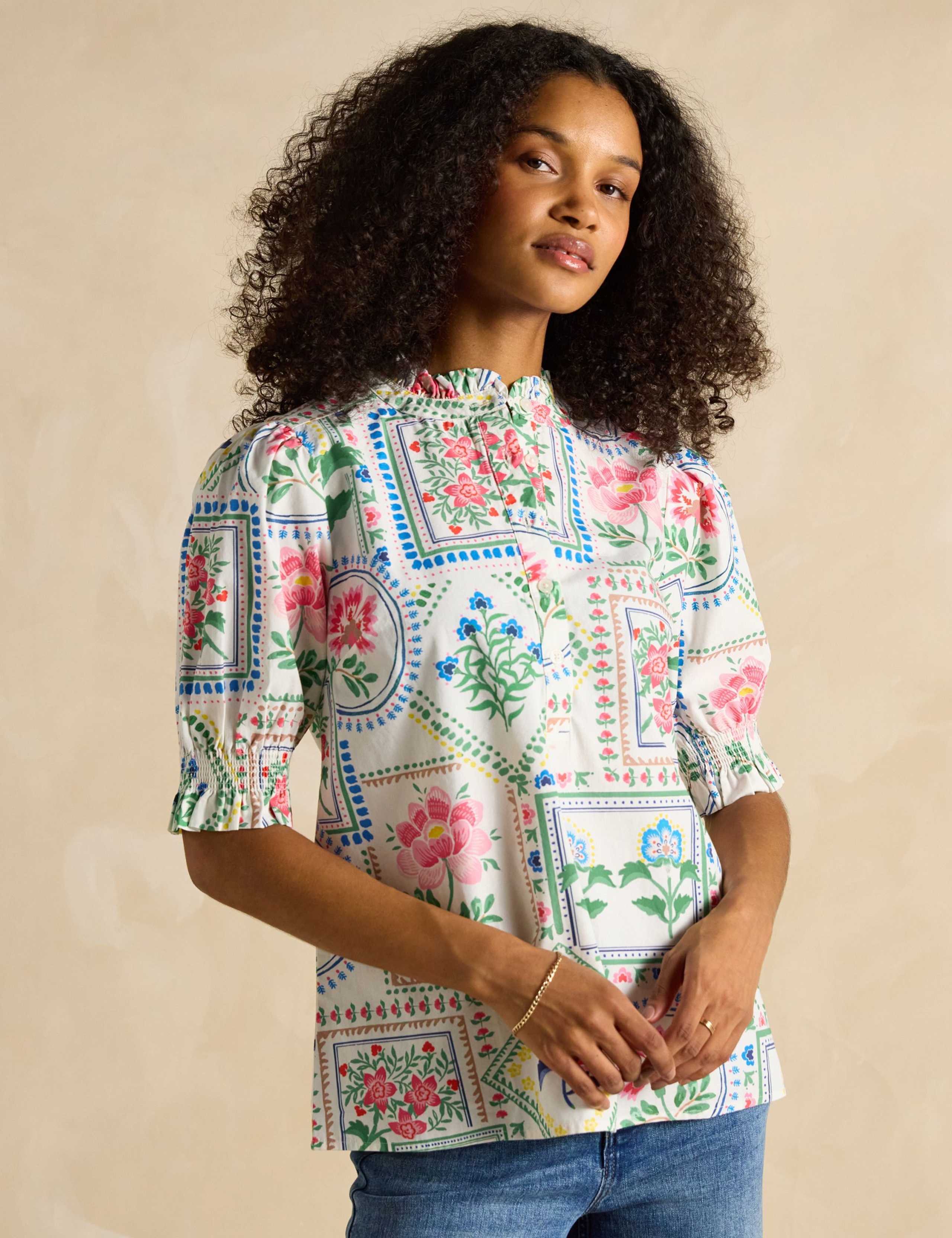 Pure Cotton Floral Frill Neck Puff Sleeve Blouse