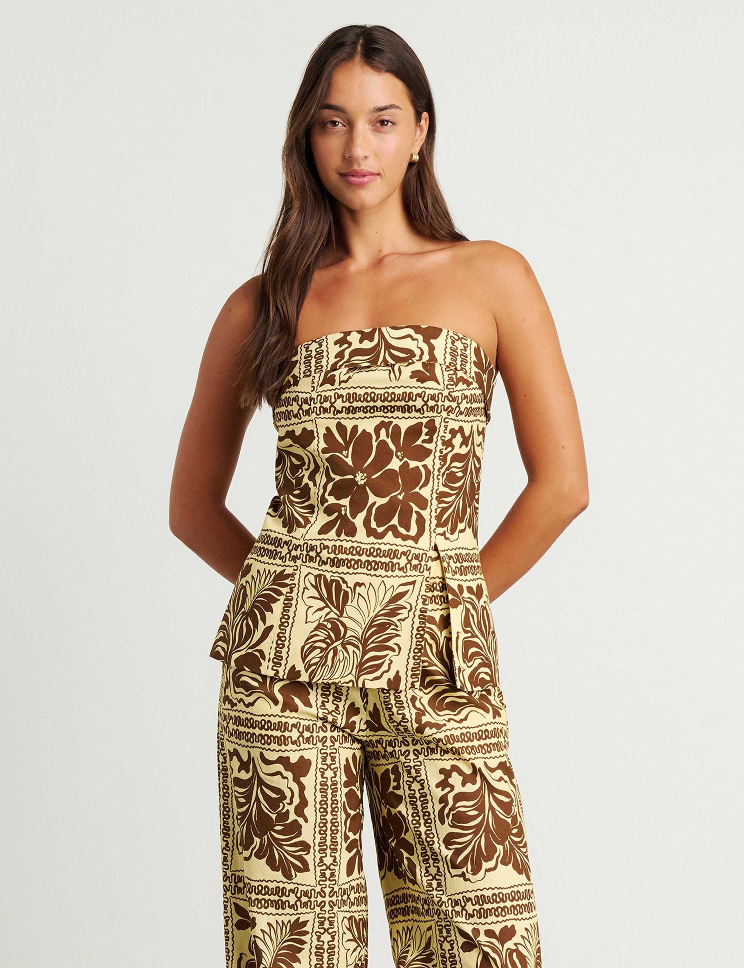 Linen Rich Printed Bandeau Top