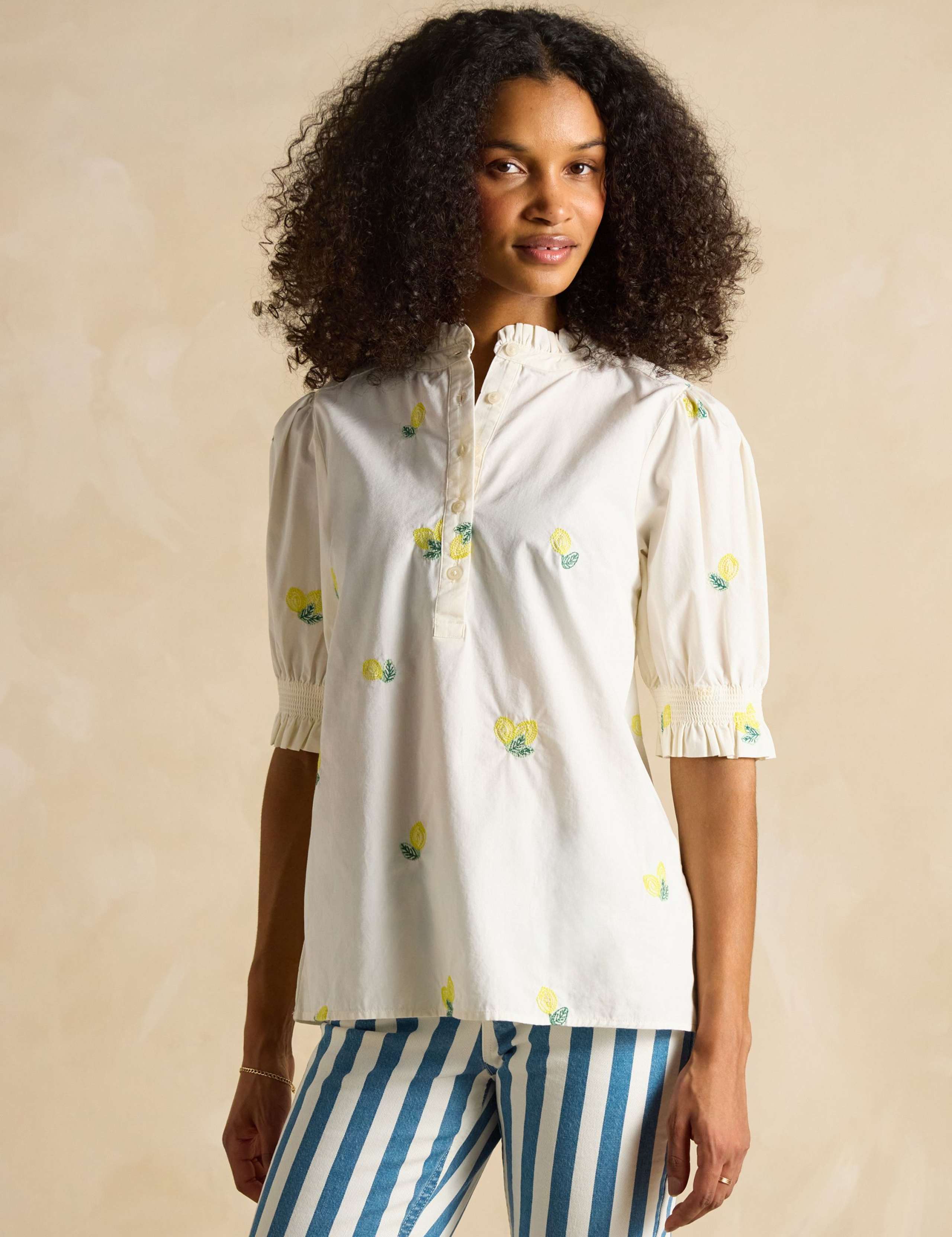 Pure Cotton Embroidered Puff Sleeve Blouse