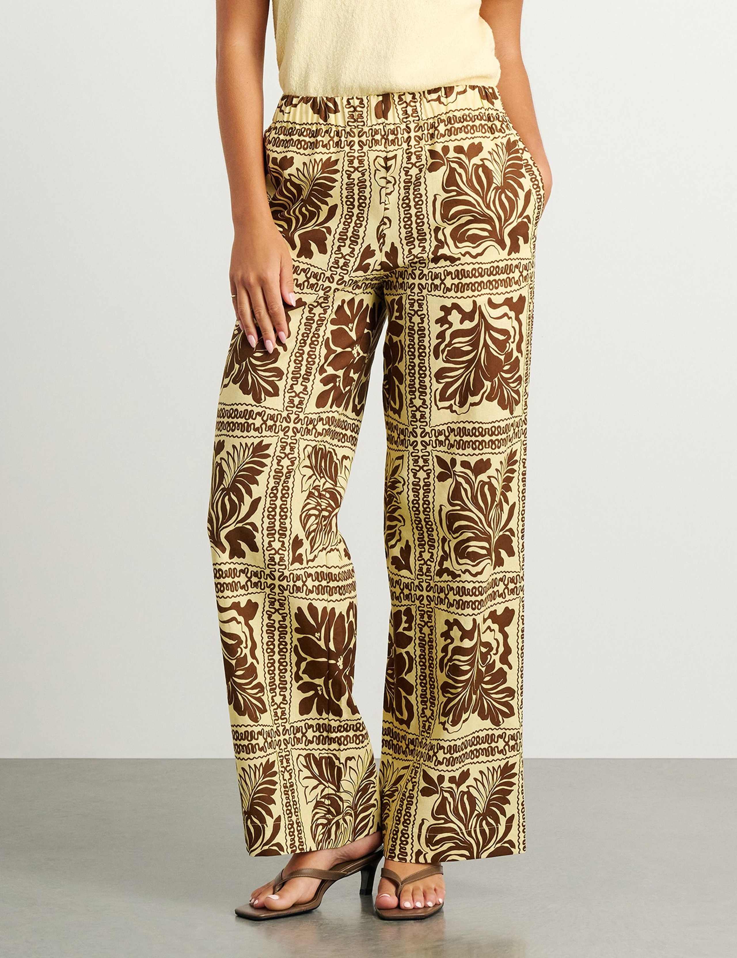 Linen Rich Printed Wide Leg Trousers