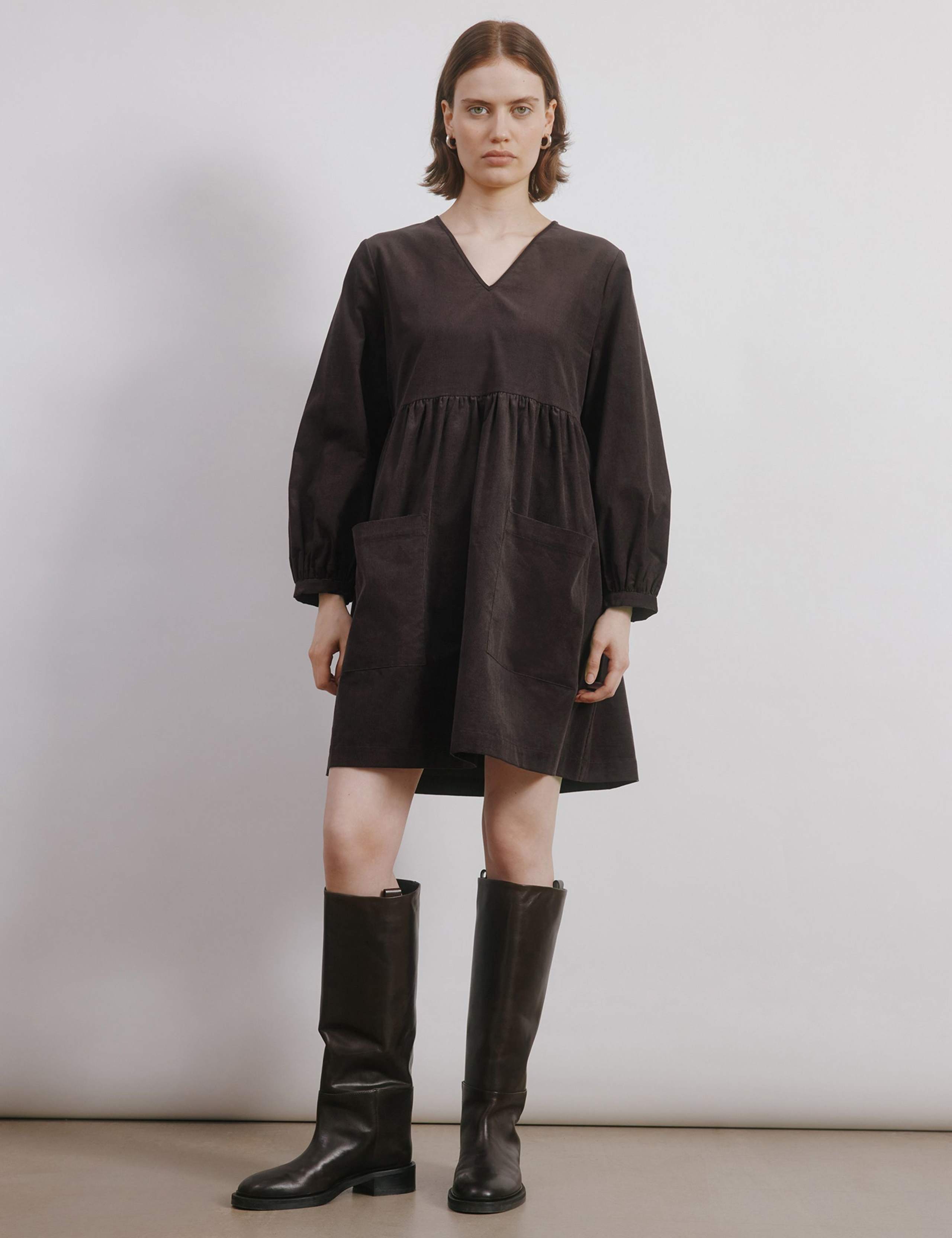 Pure Cotton Cord V-Neck Mini Smock Dress