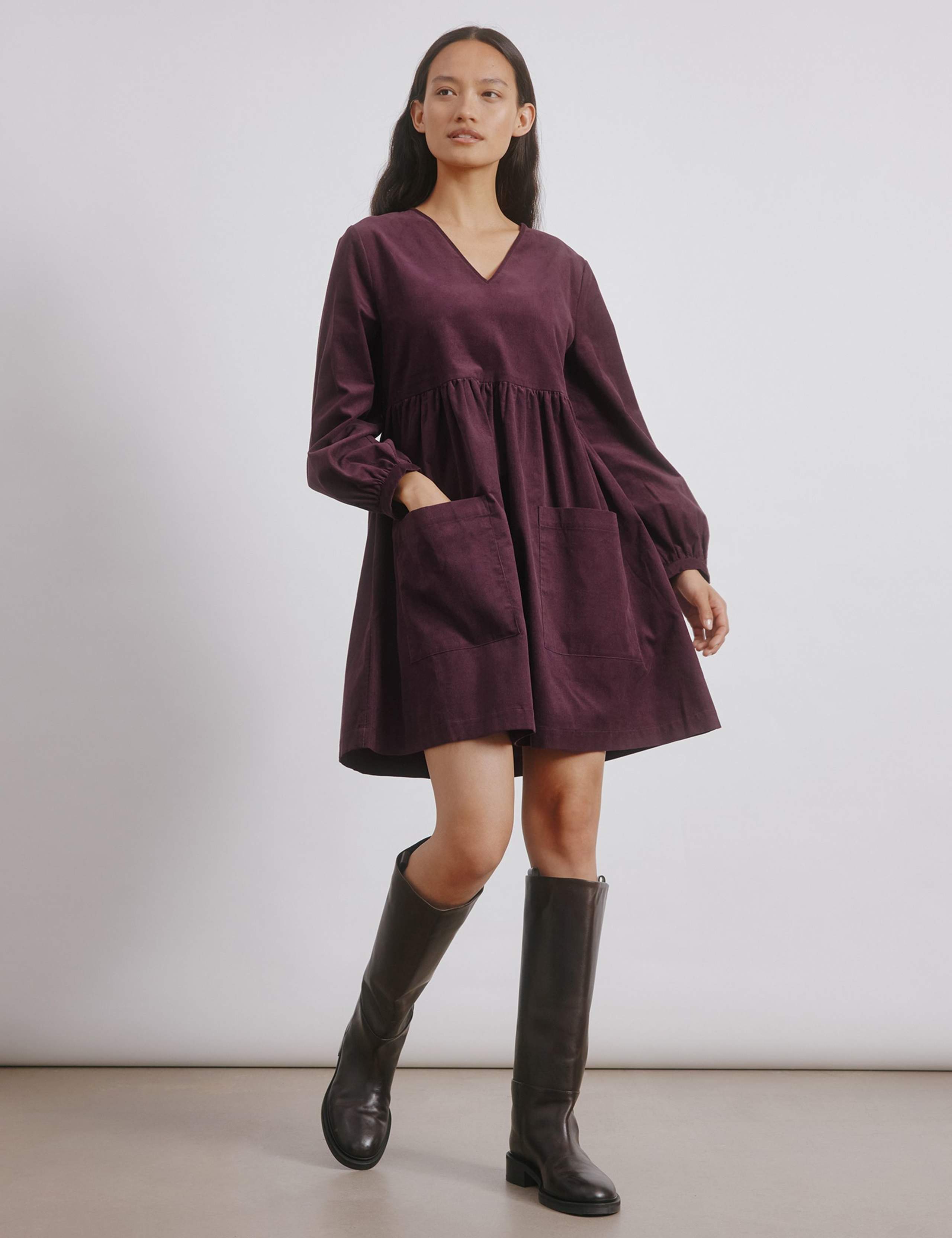Pure Cotton Cord V-Neck Mini Smock Dress