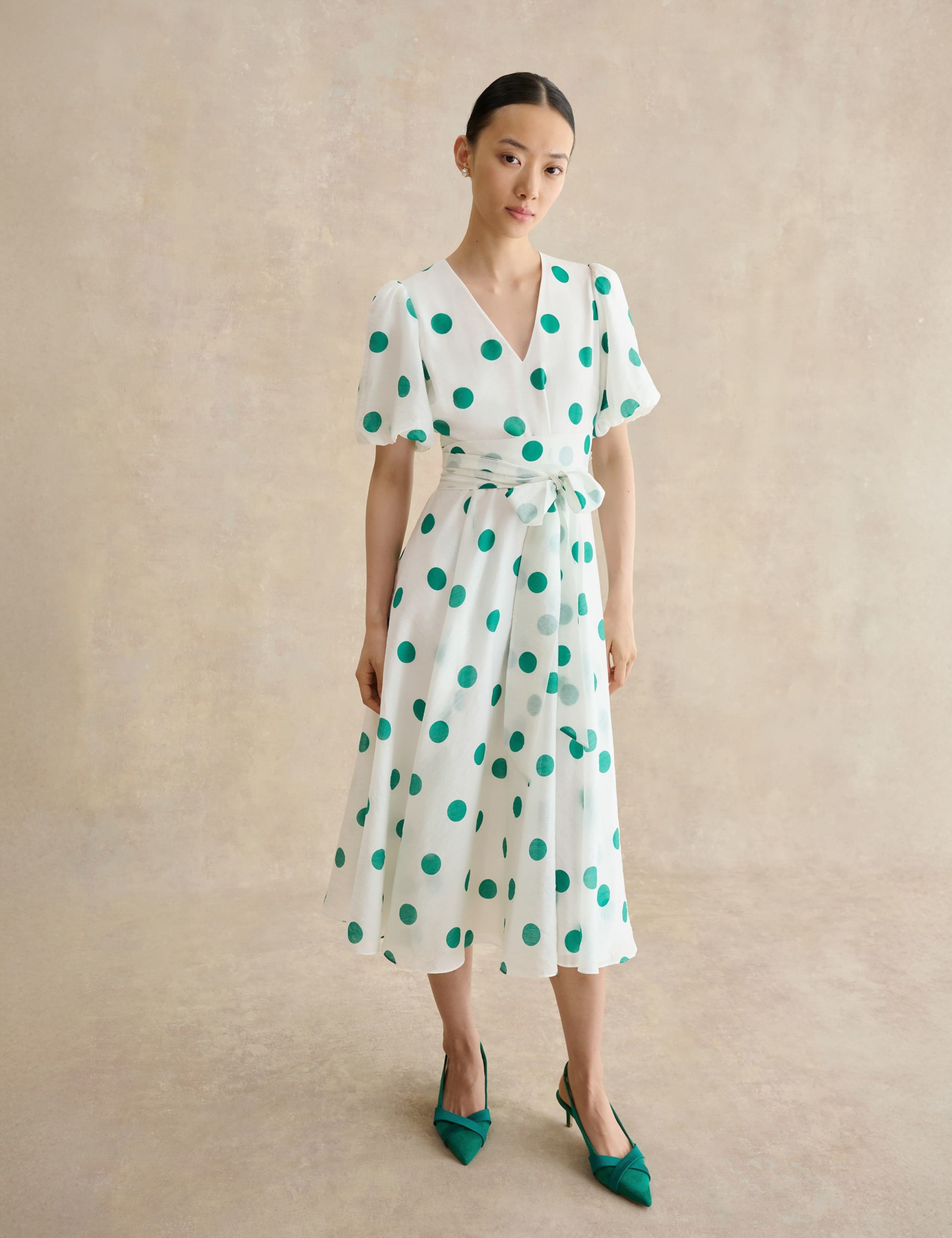 Polka Dot V-Neck Tie Waist Midi Skater Dress