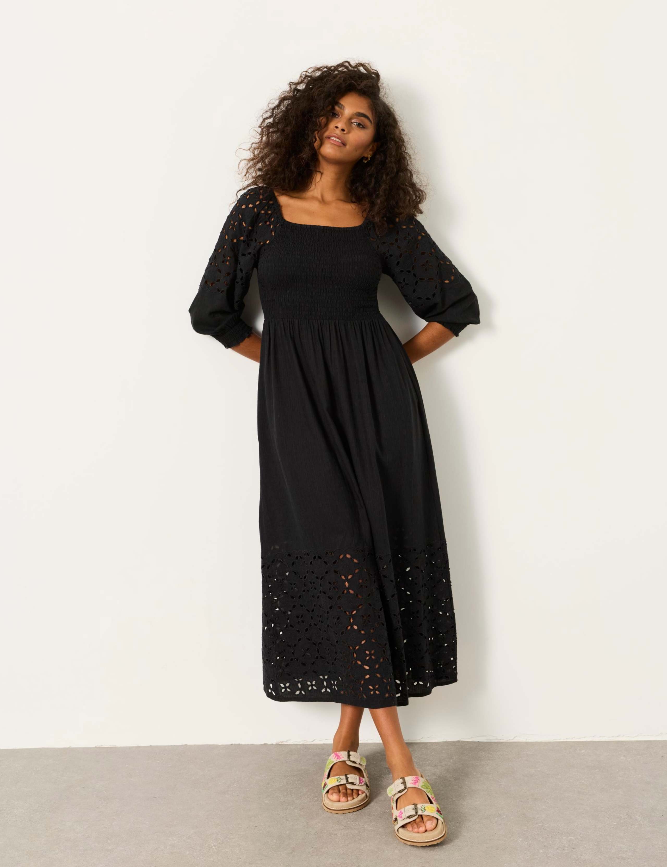 Broderie Square Neck Midi Waisted Dress