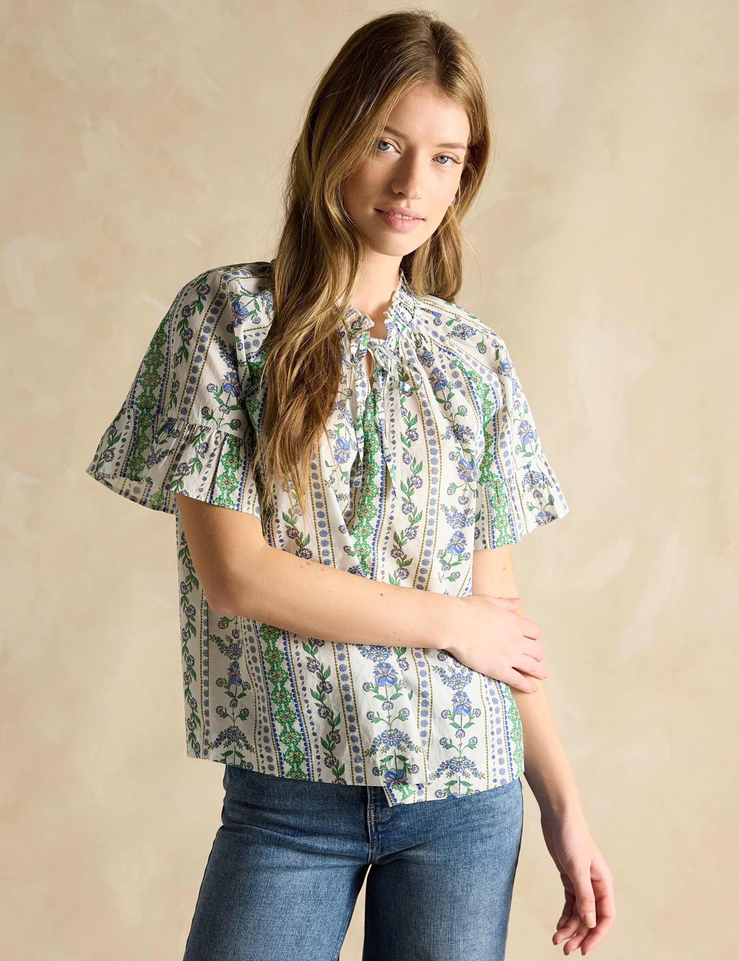 Pure Cotton Printed Tie Neck Blouse