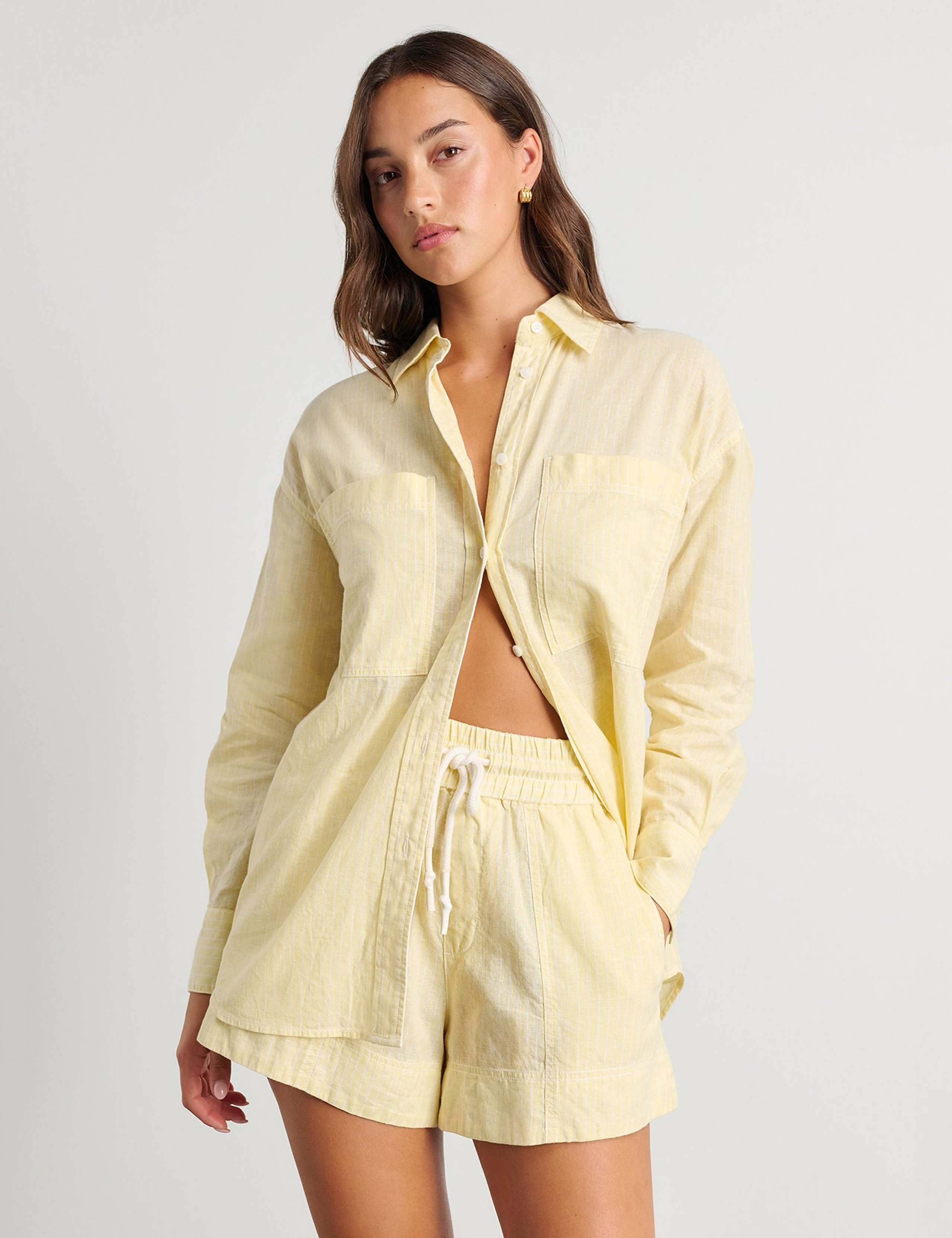 Linen Rich Striped High Waisted Shorts