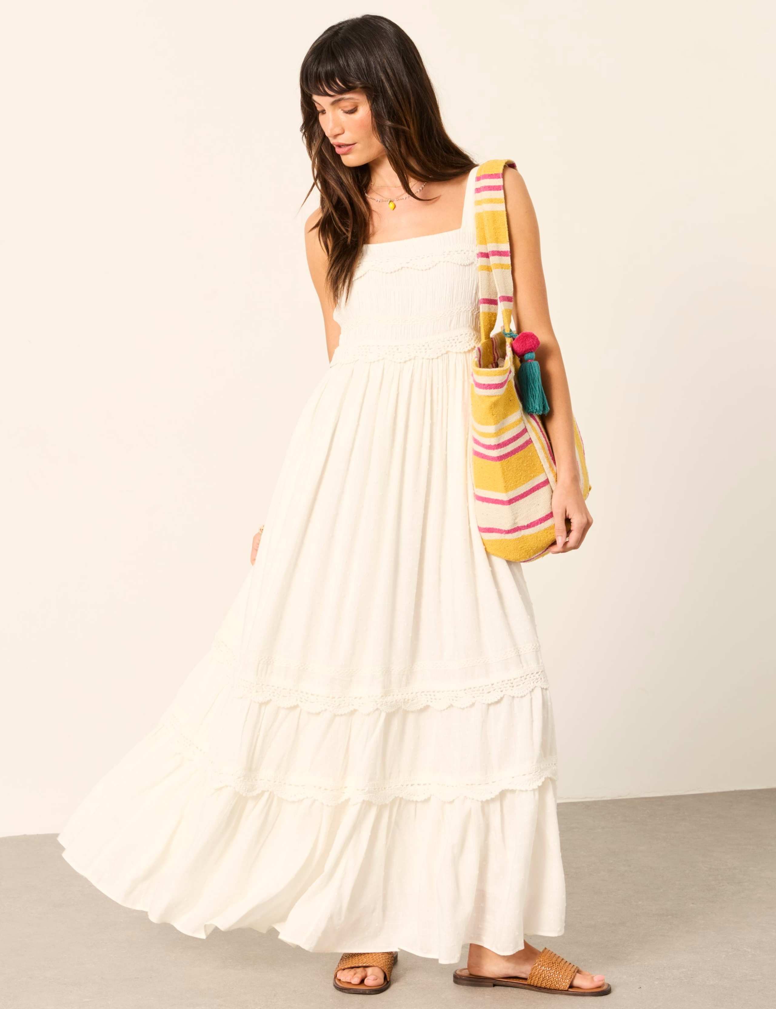 Embroidered Square Neck Midi Tiered Dress
