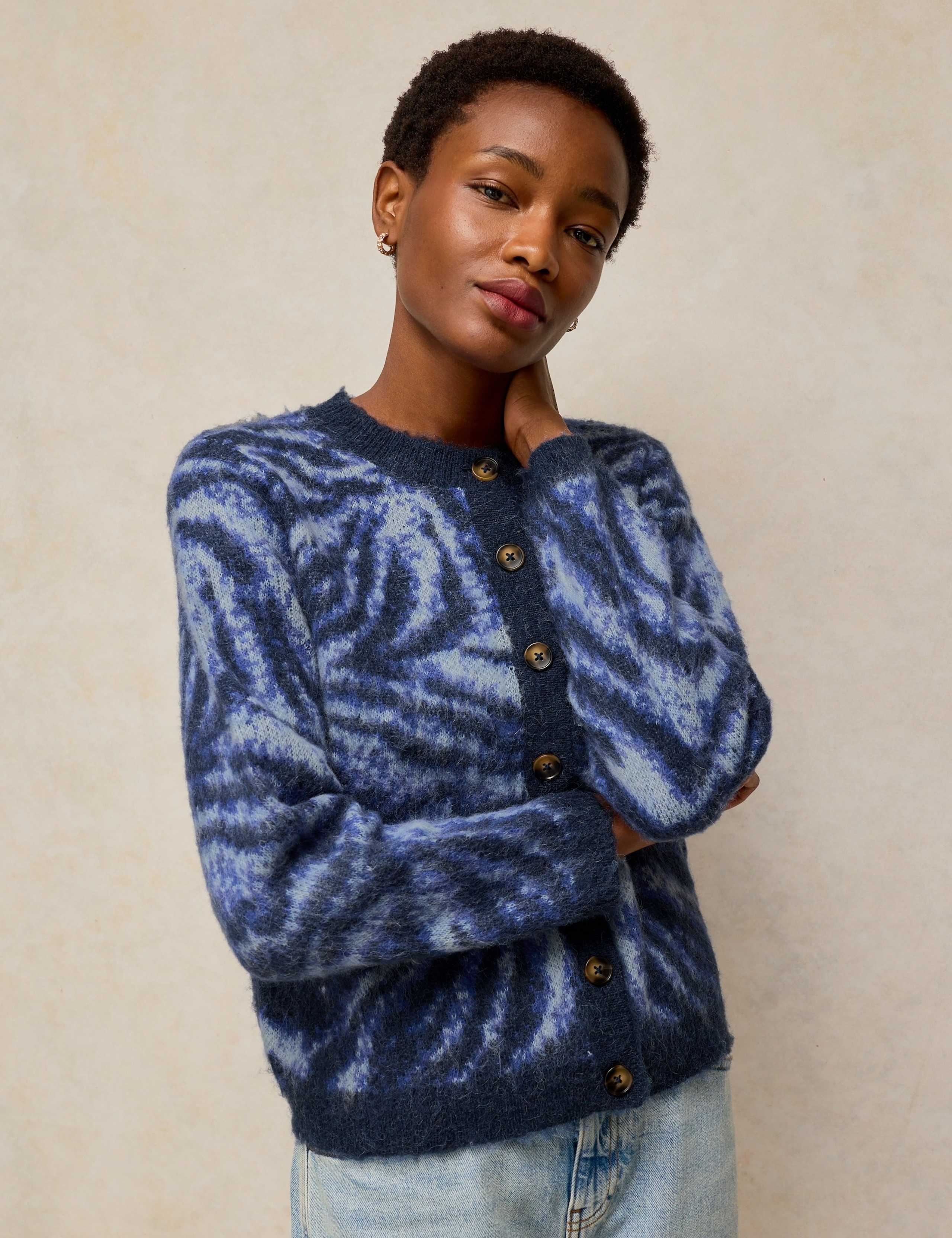 Fluffy Animal Print Cardigan with Wool