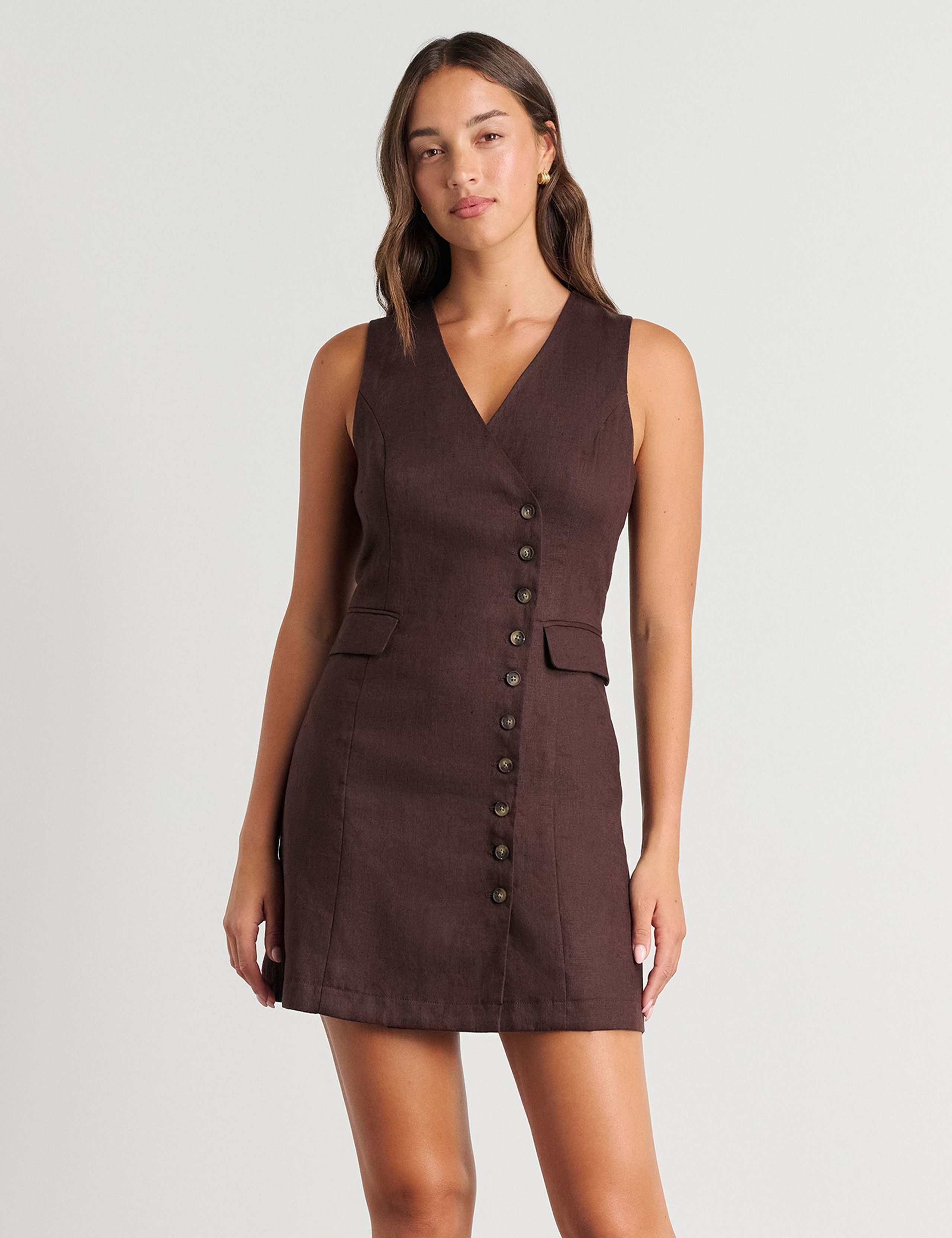 Pure Linen Button Front Mini Shift Dress