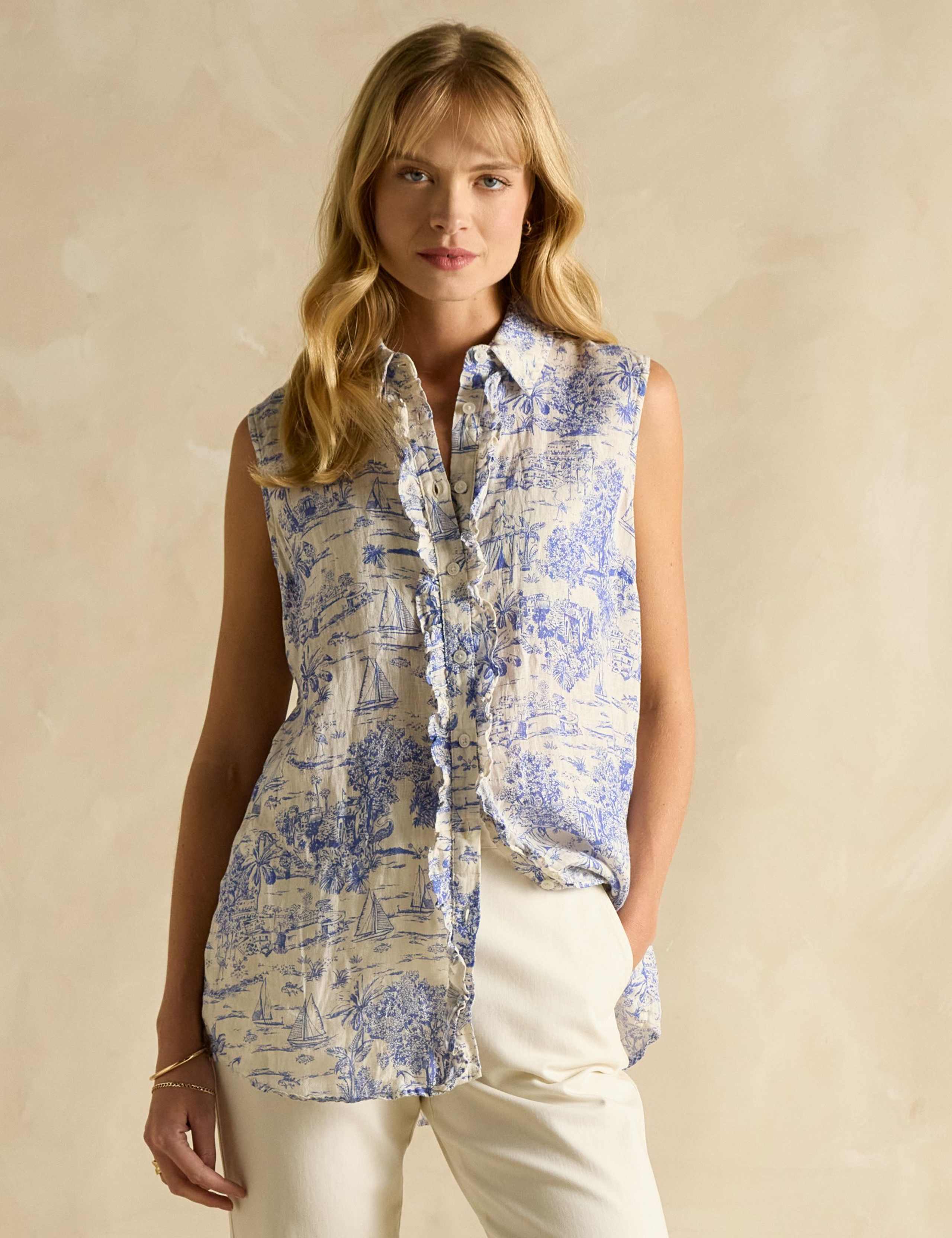 Pure Linen Printed Ruffle Shirt