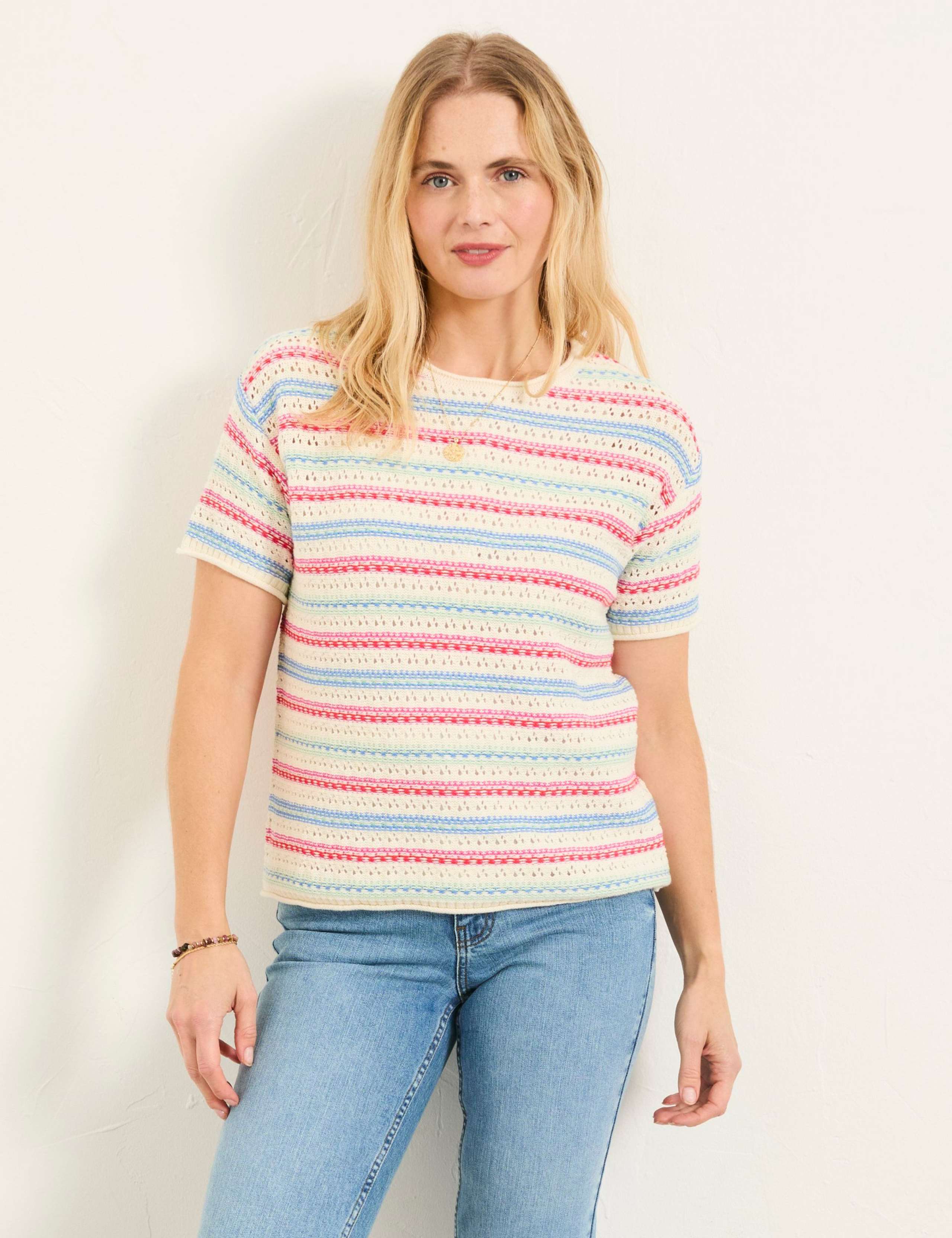 Pure Cotton Striped Pointelle Knitted Top