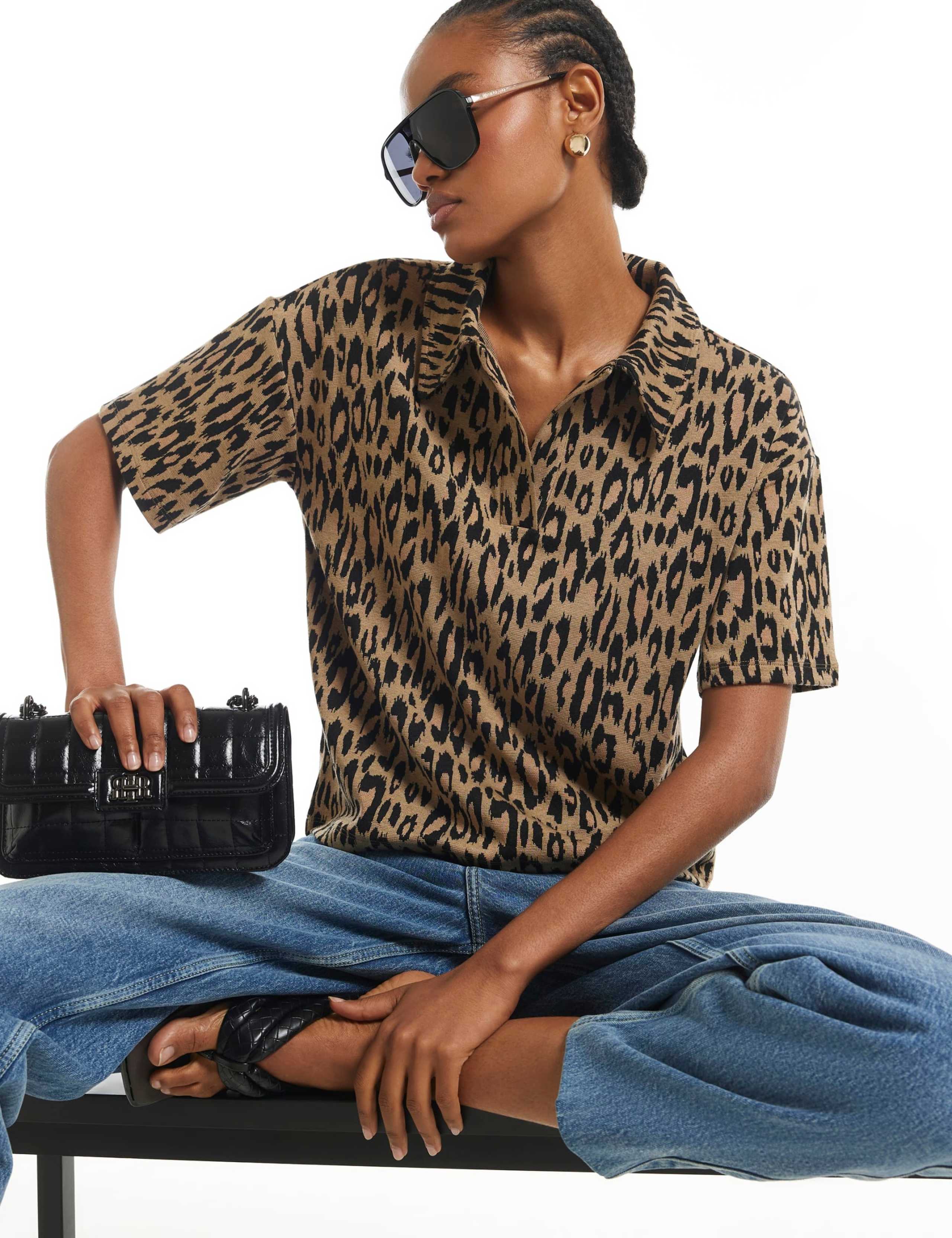 Pure Cotton Leopard Jacquard Polo Top
