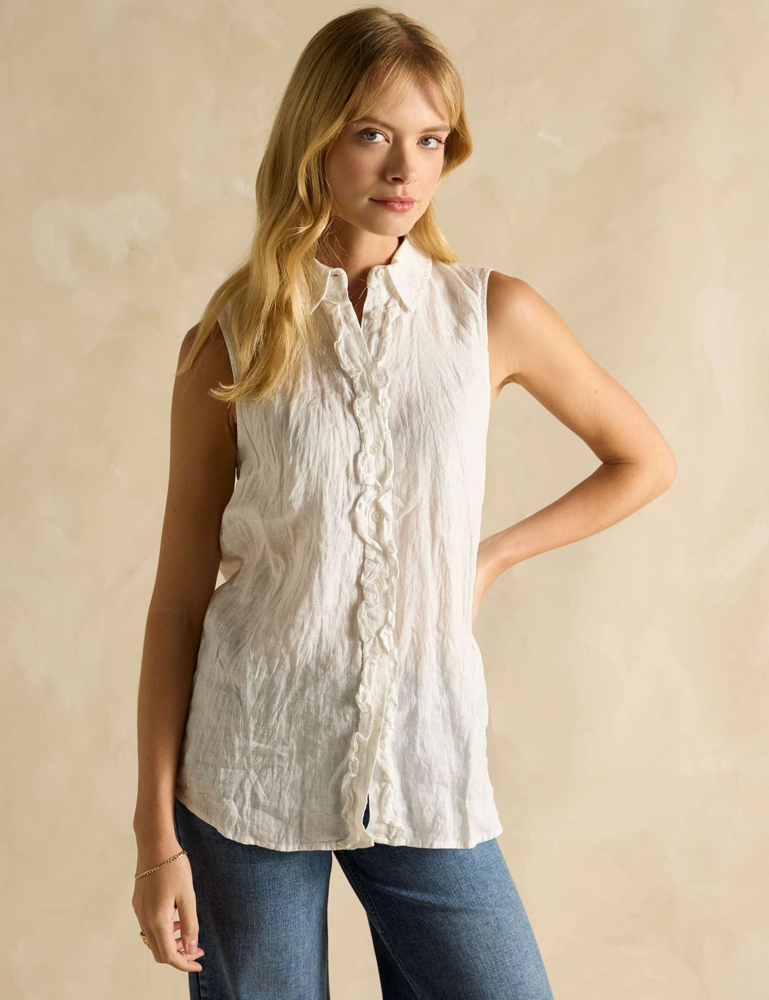 Pure Linen Collared Frill Detail Shirt