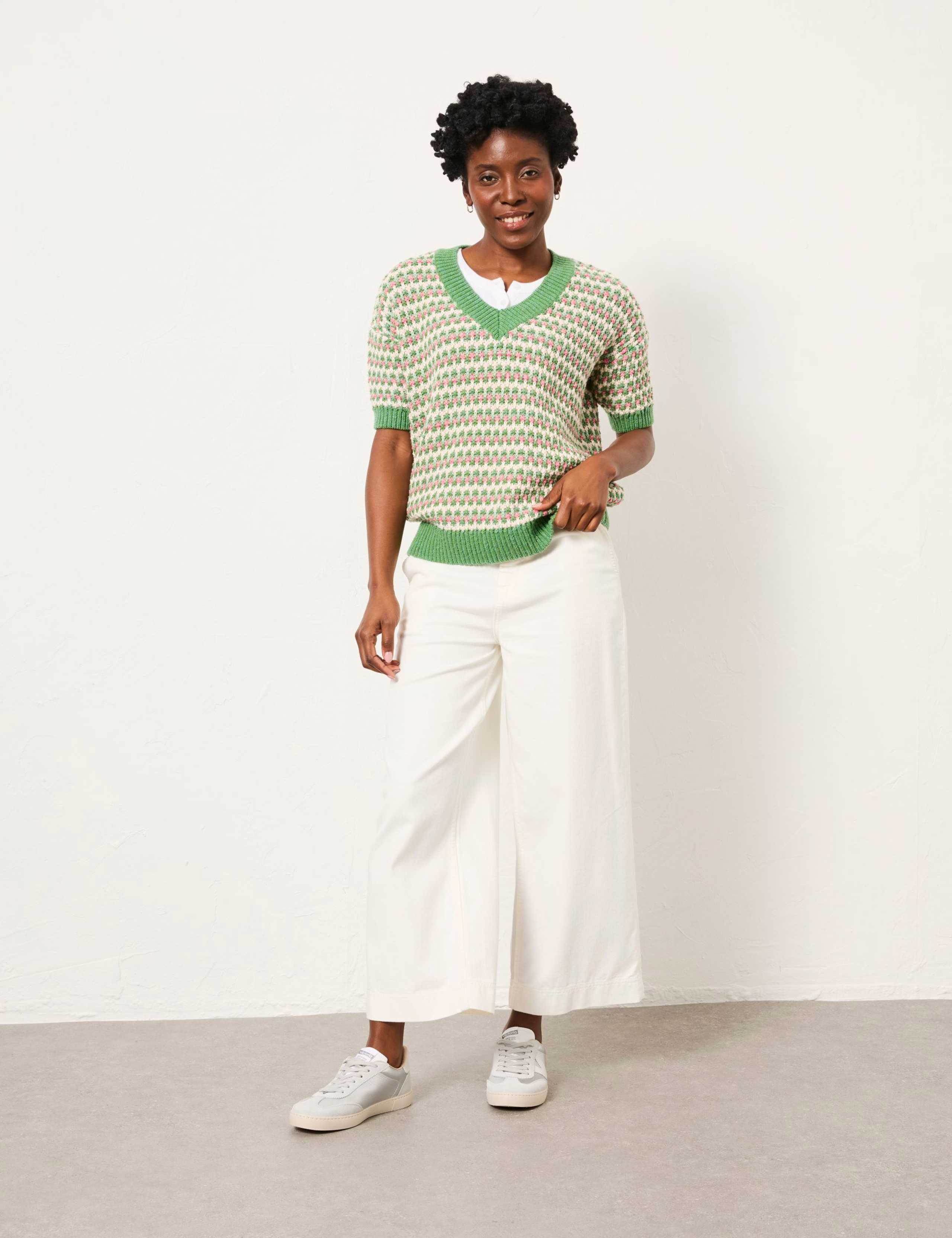 Pure Cotton Geometric V-Neck Jumper