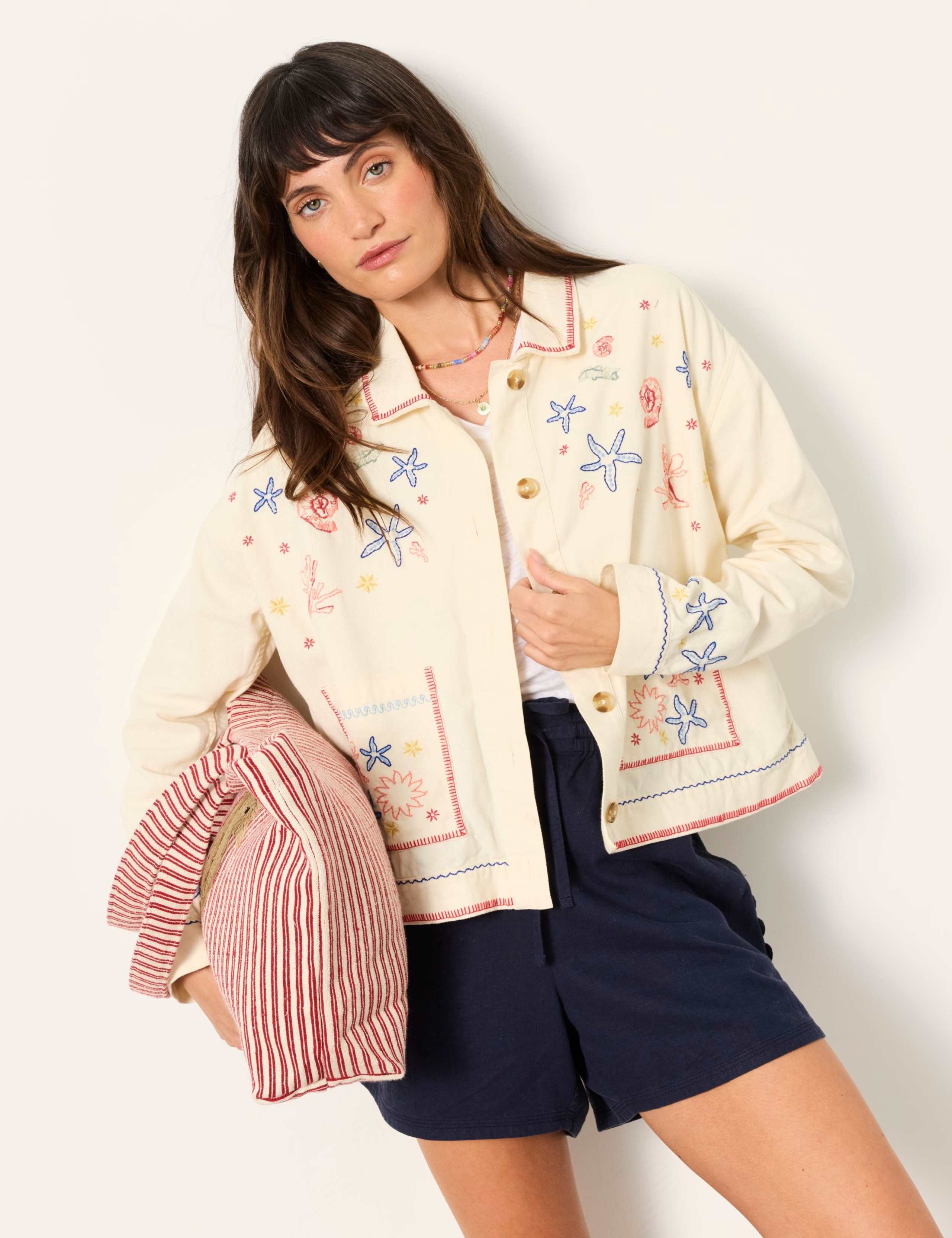 Pure Cotton Embroidered Collared Jacket