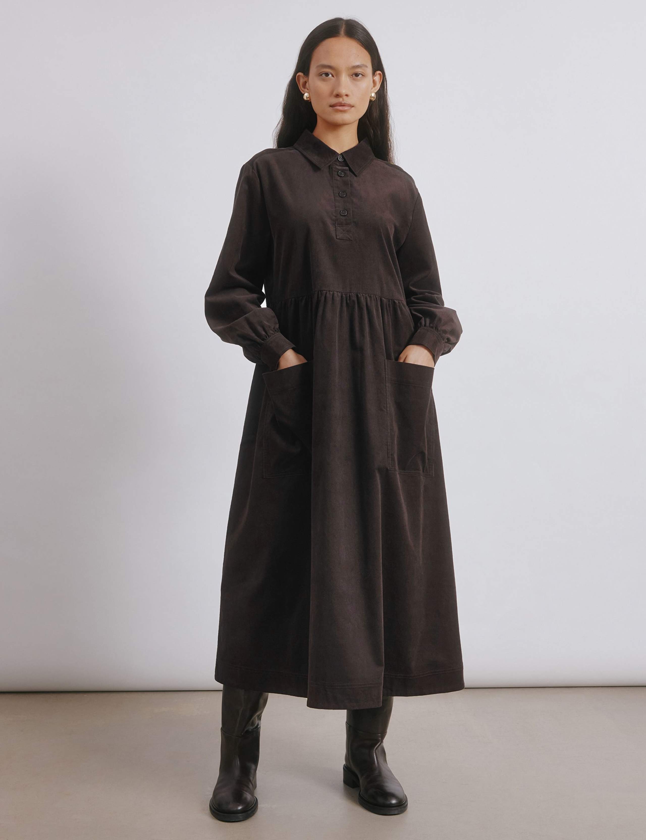 Pure Cotton Cord Button Placket Midi Dress