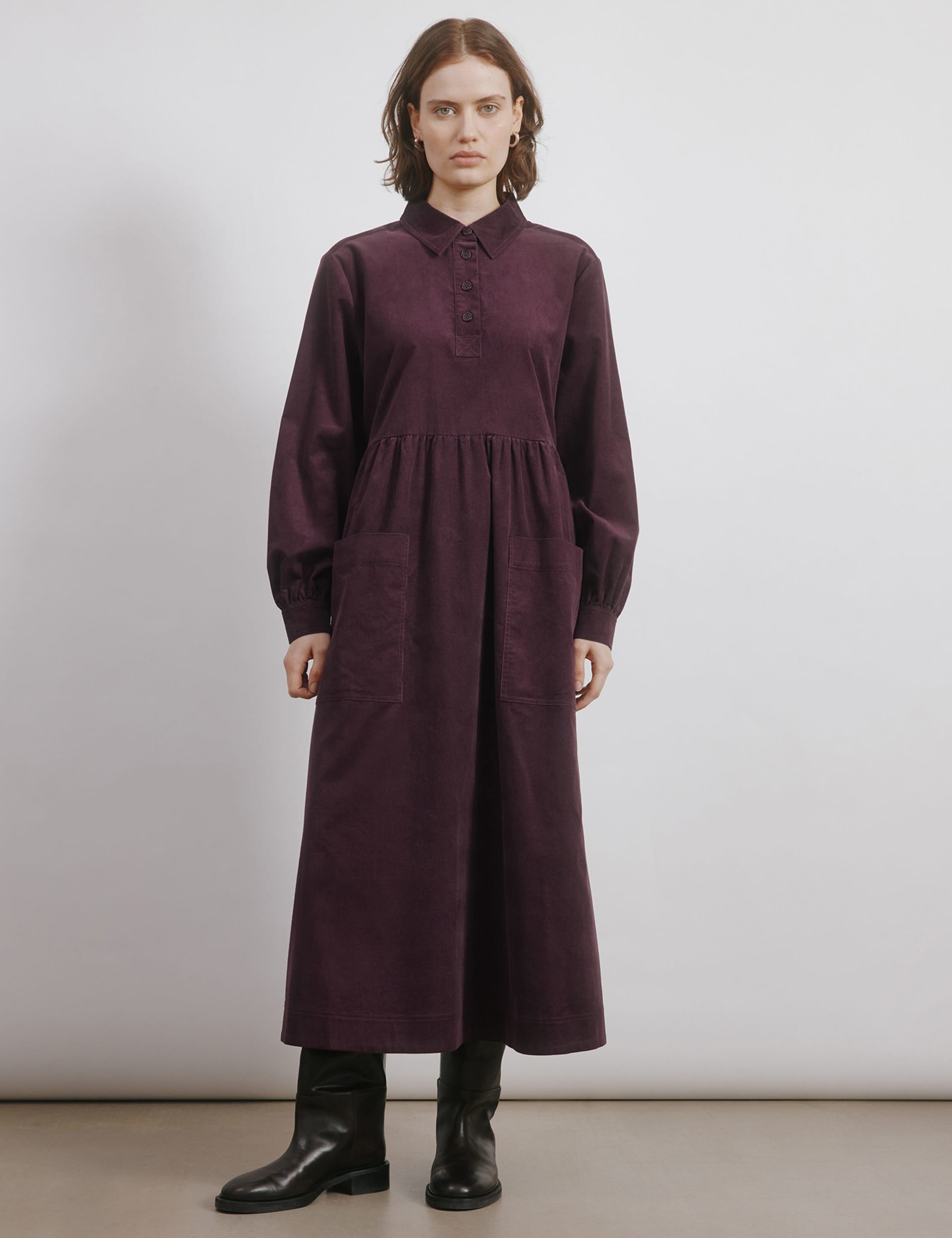 Pure Cotton Cord Button Placket Midi Dress