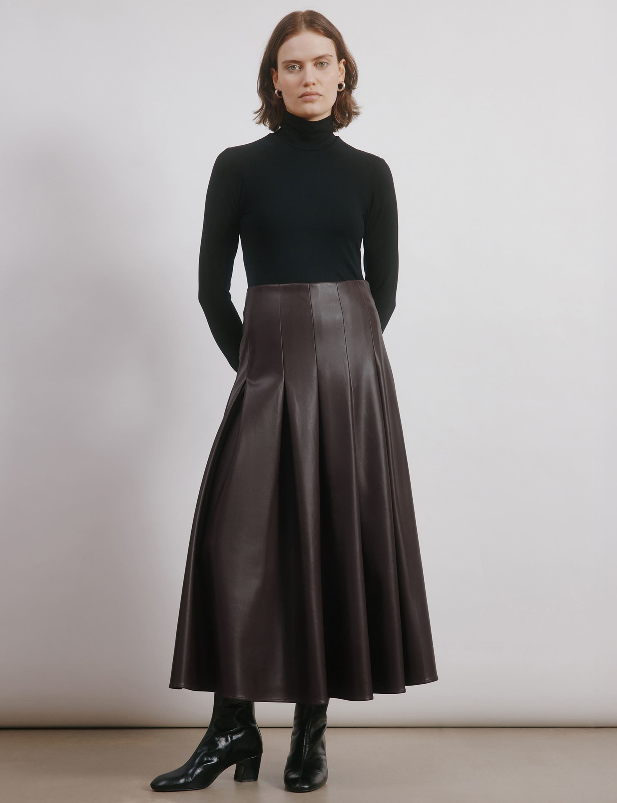 Leather Look Pleated Midi Skirt