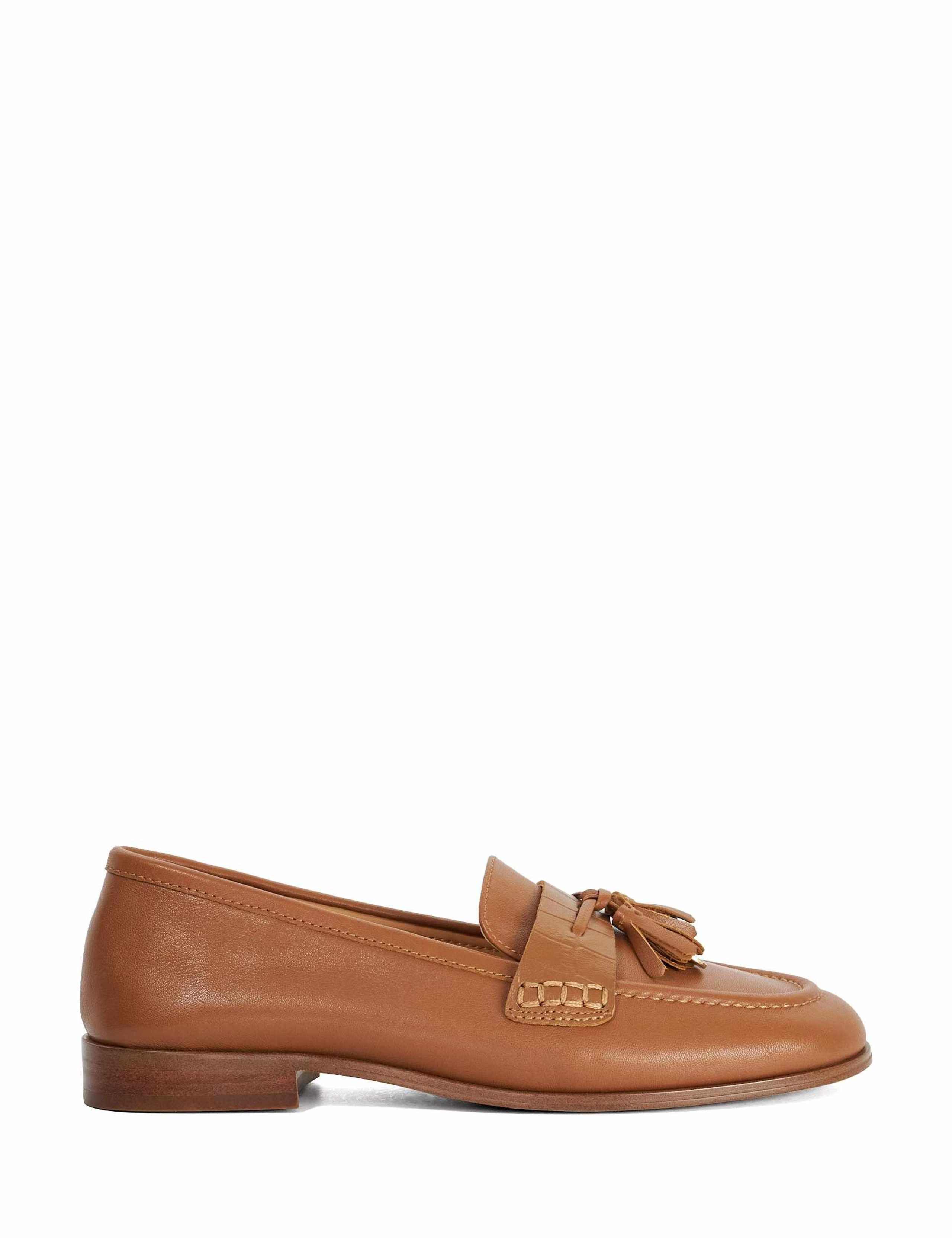 Leather Slip On Block Heel Loafers