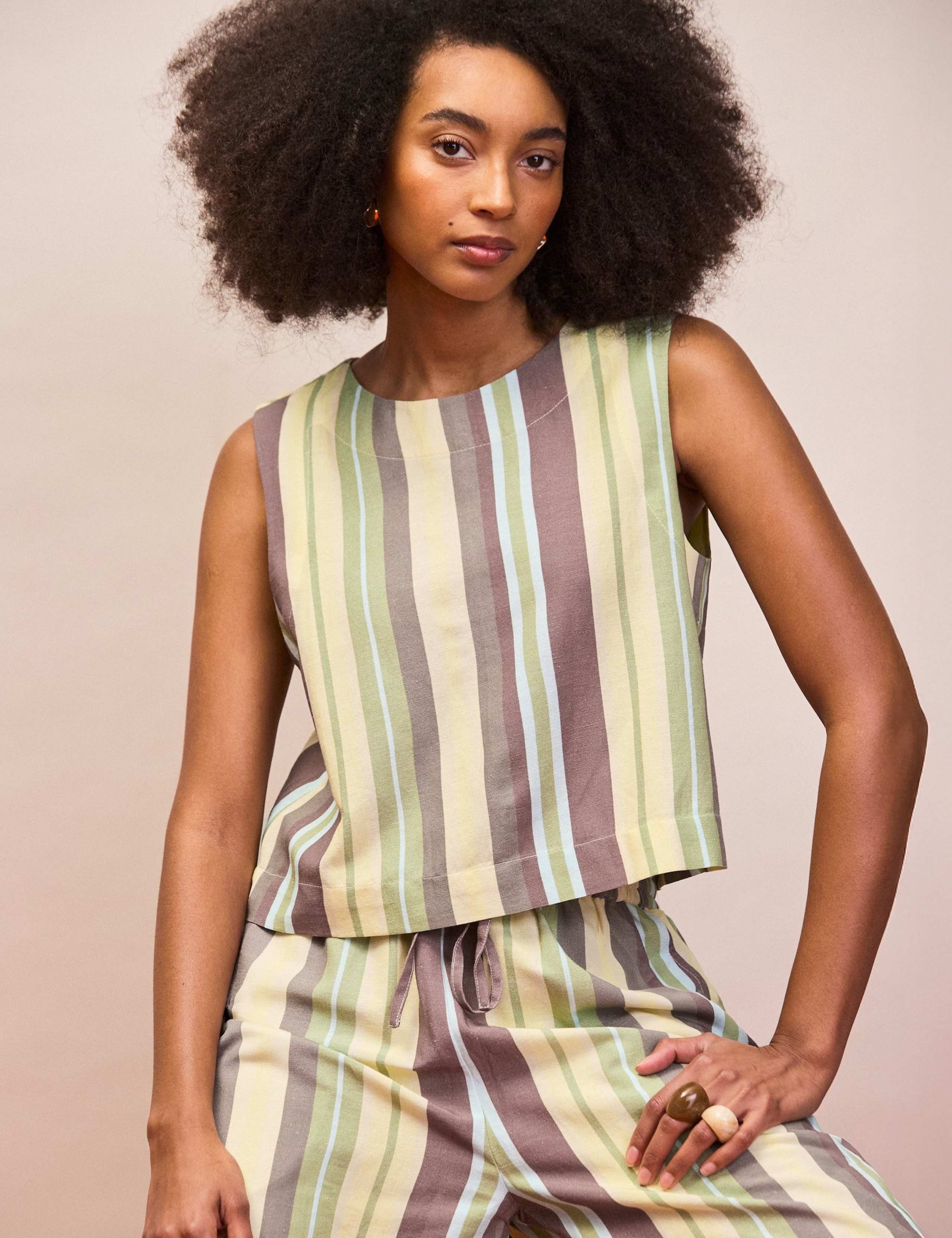 Cotton Blend Striped Top with Linen