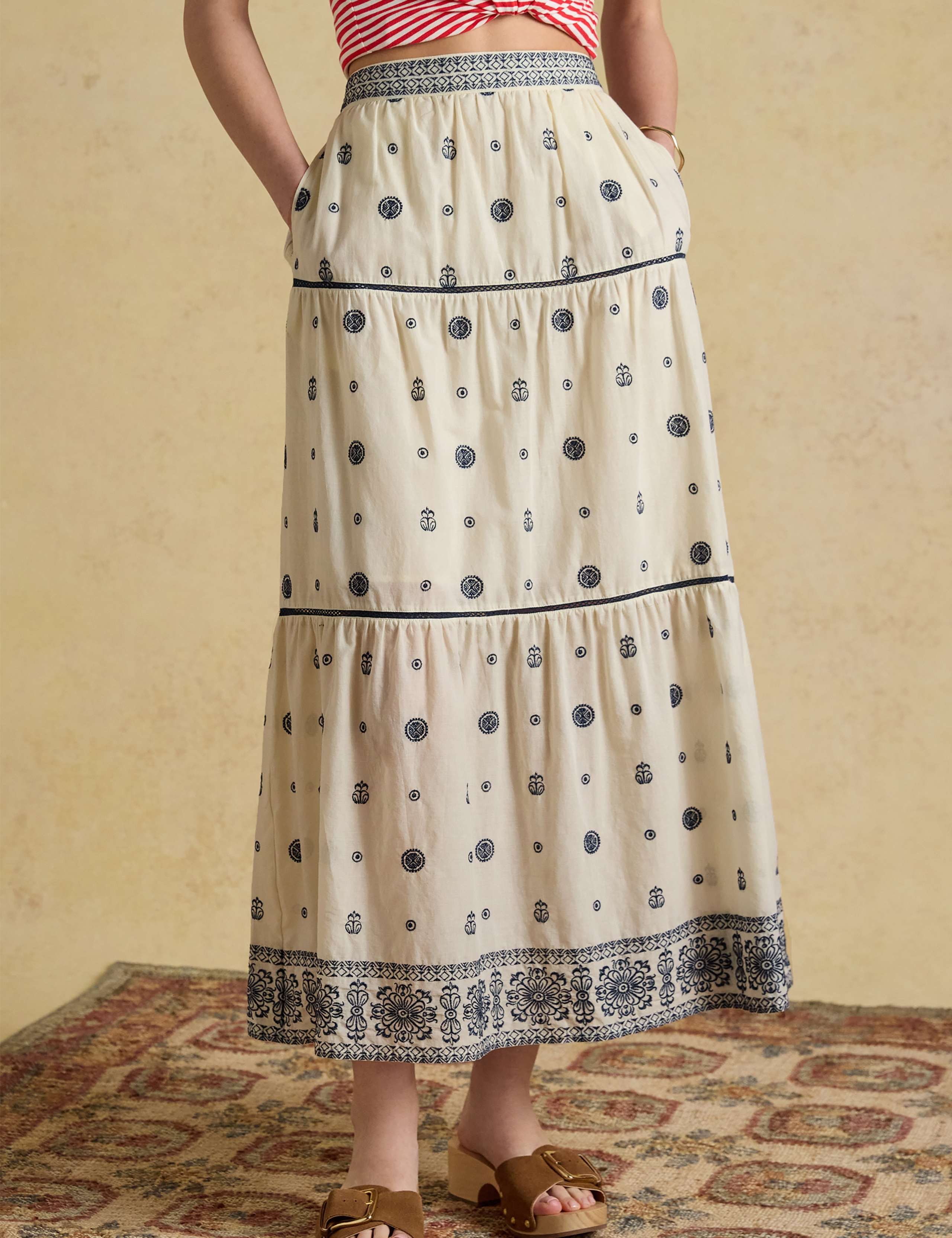 Pure Cotton Embroidered Midi Tiered Skirt