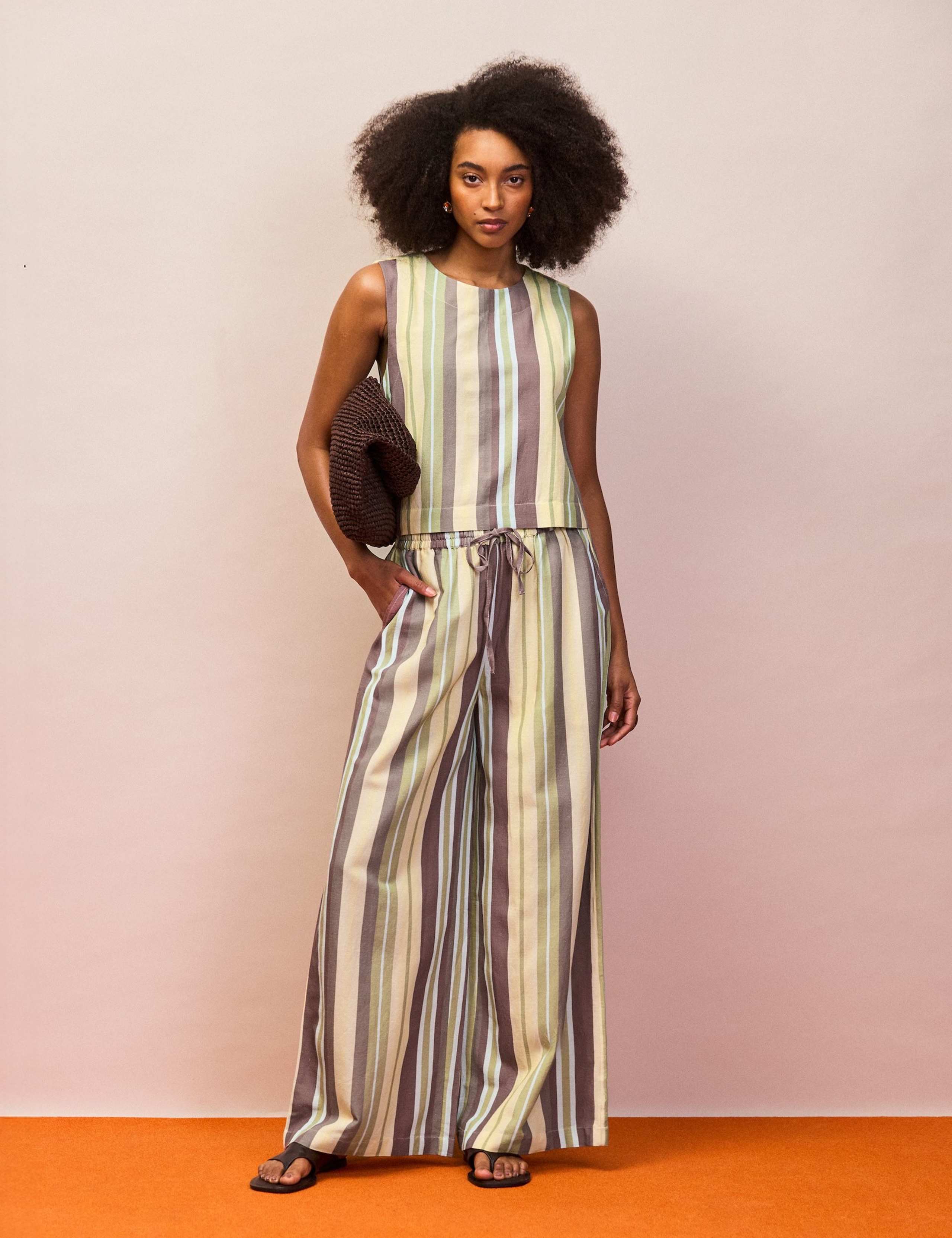 Cotton Blend Striped Wide Leg Trousers