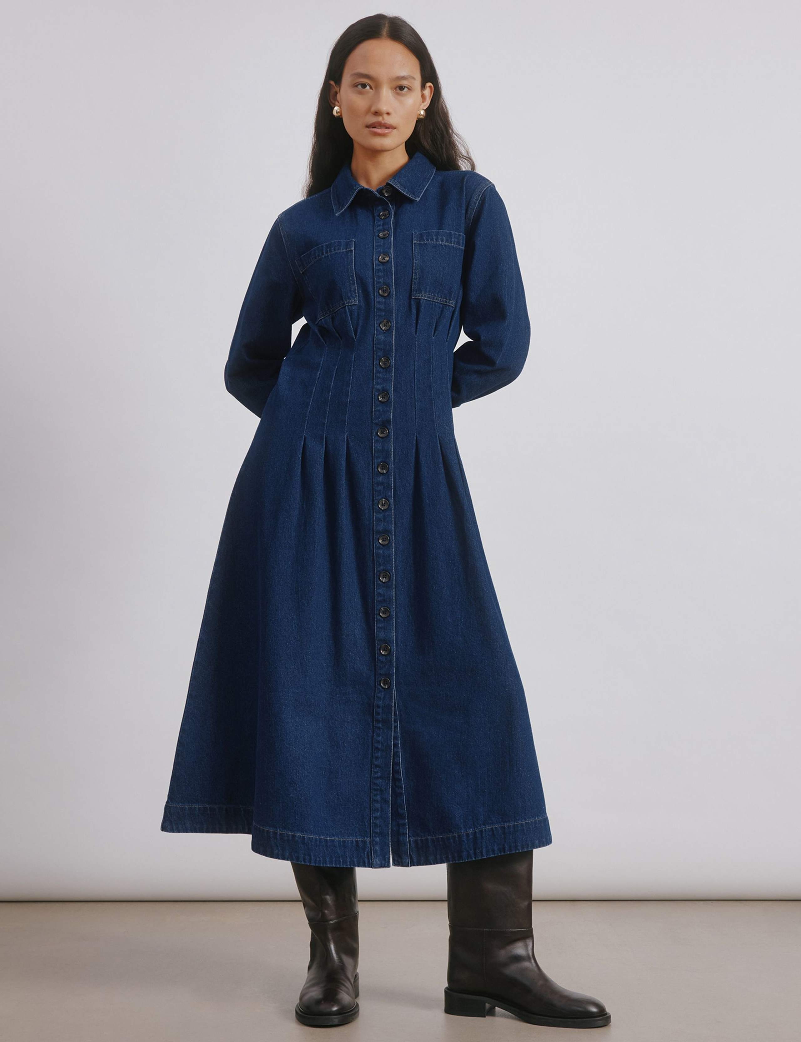 Denim Button Front Midi Dress