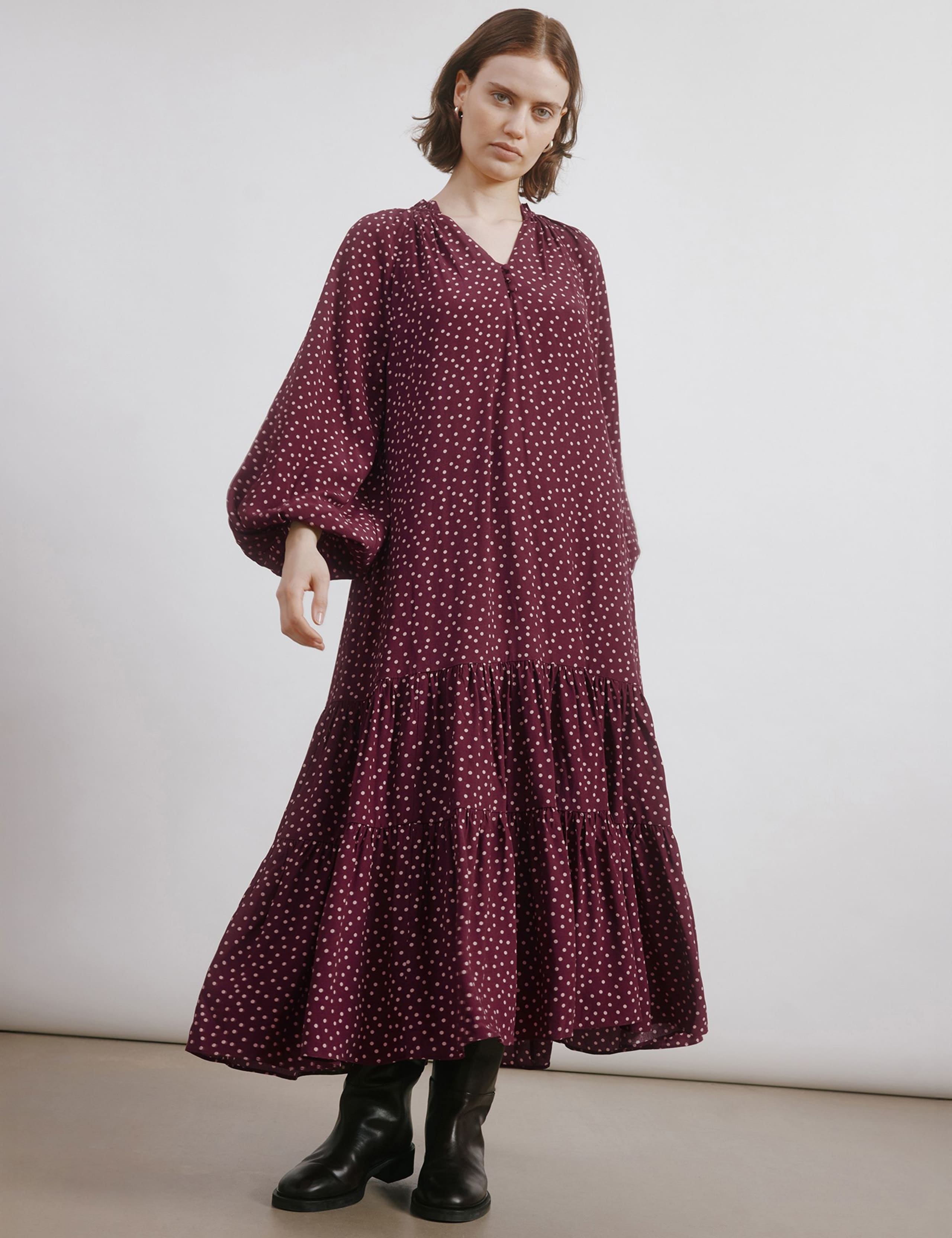 Polka Dot V-Neck Tiered Midi Dress