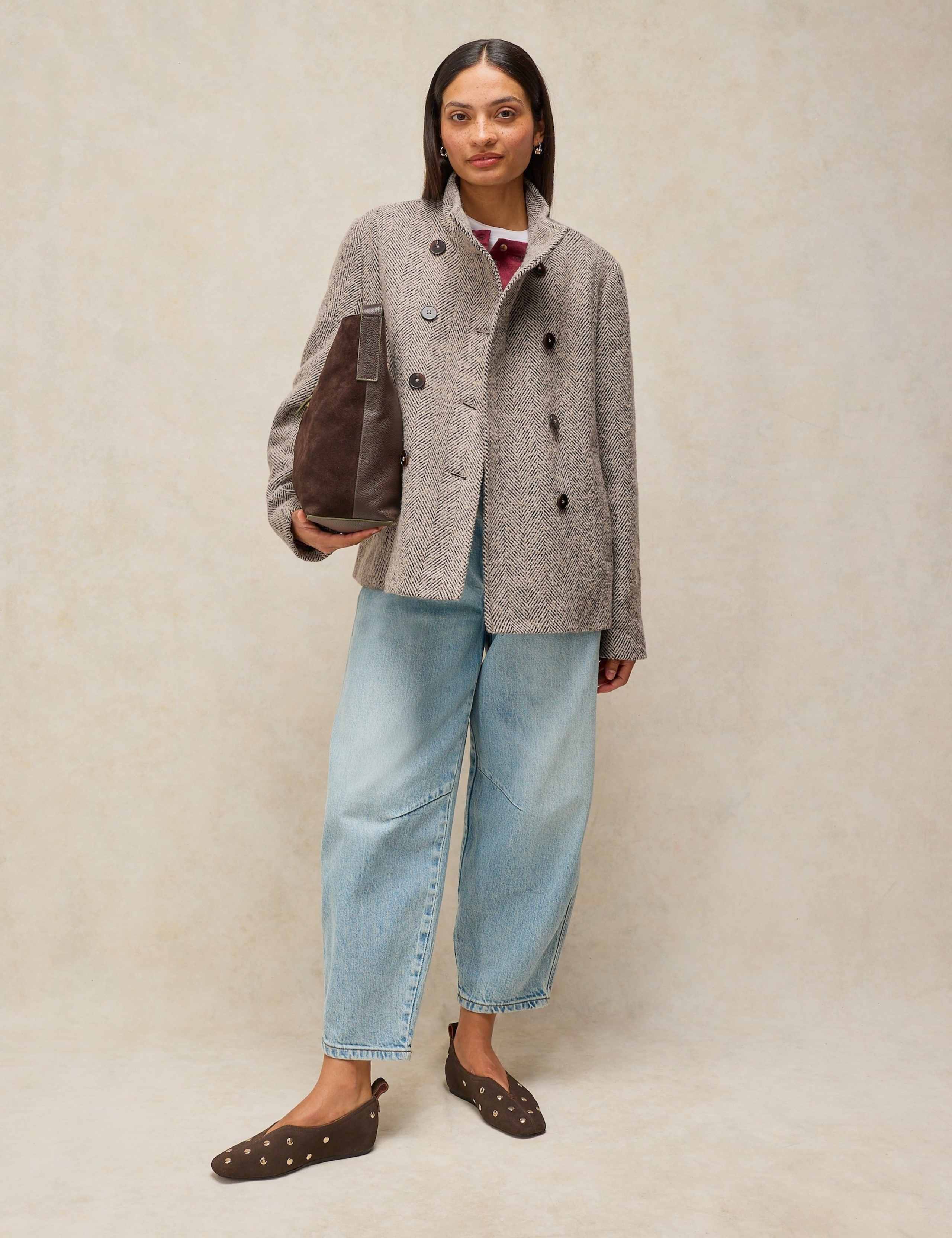 Wool Blend Textured Funnel Neck Longline Coat