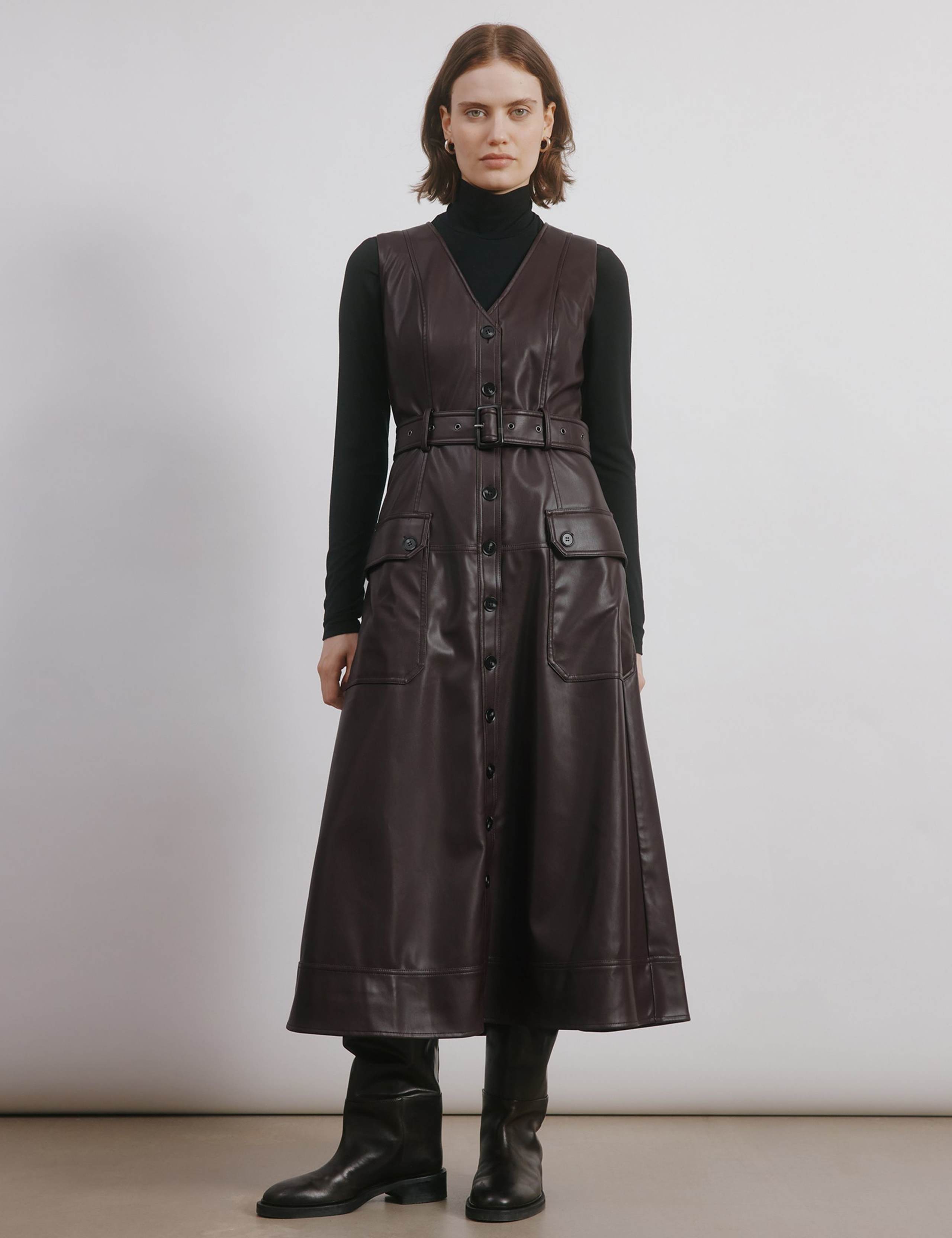 Faux Leather V-Neck Belted Midi Waisted Dress