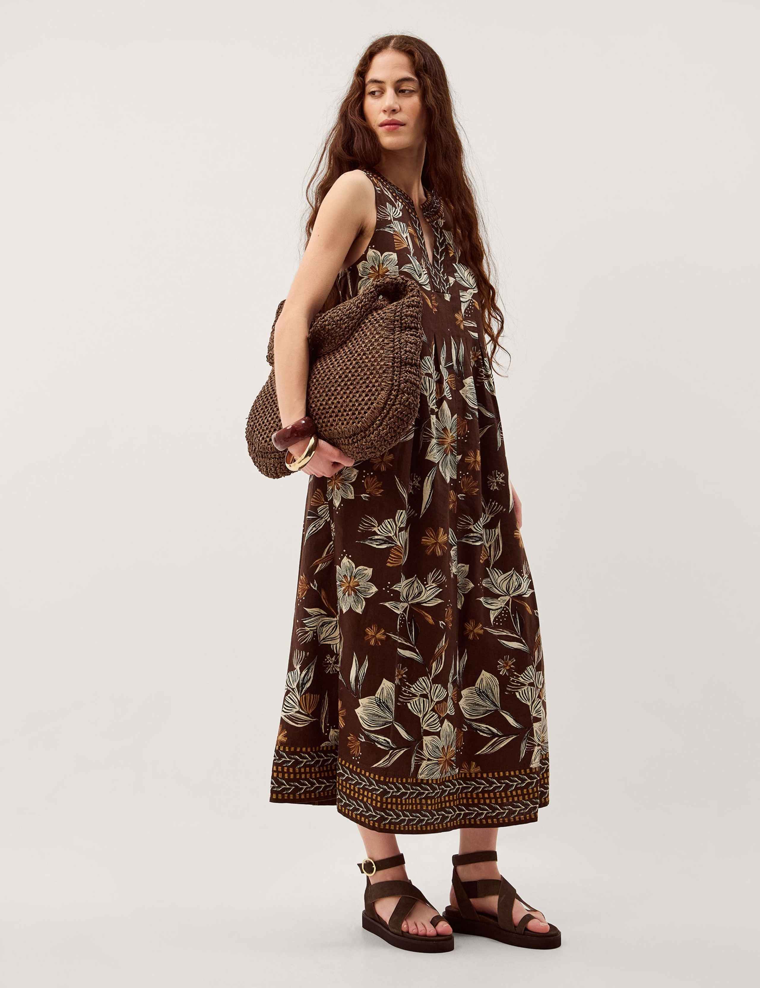 Linen Rich Floral V-Neck Midi Shift Dress