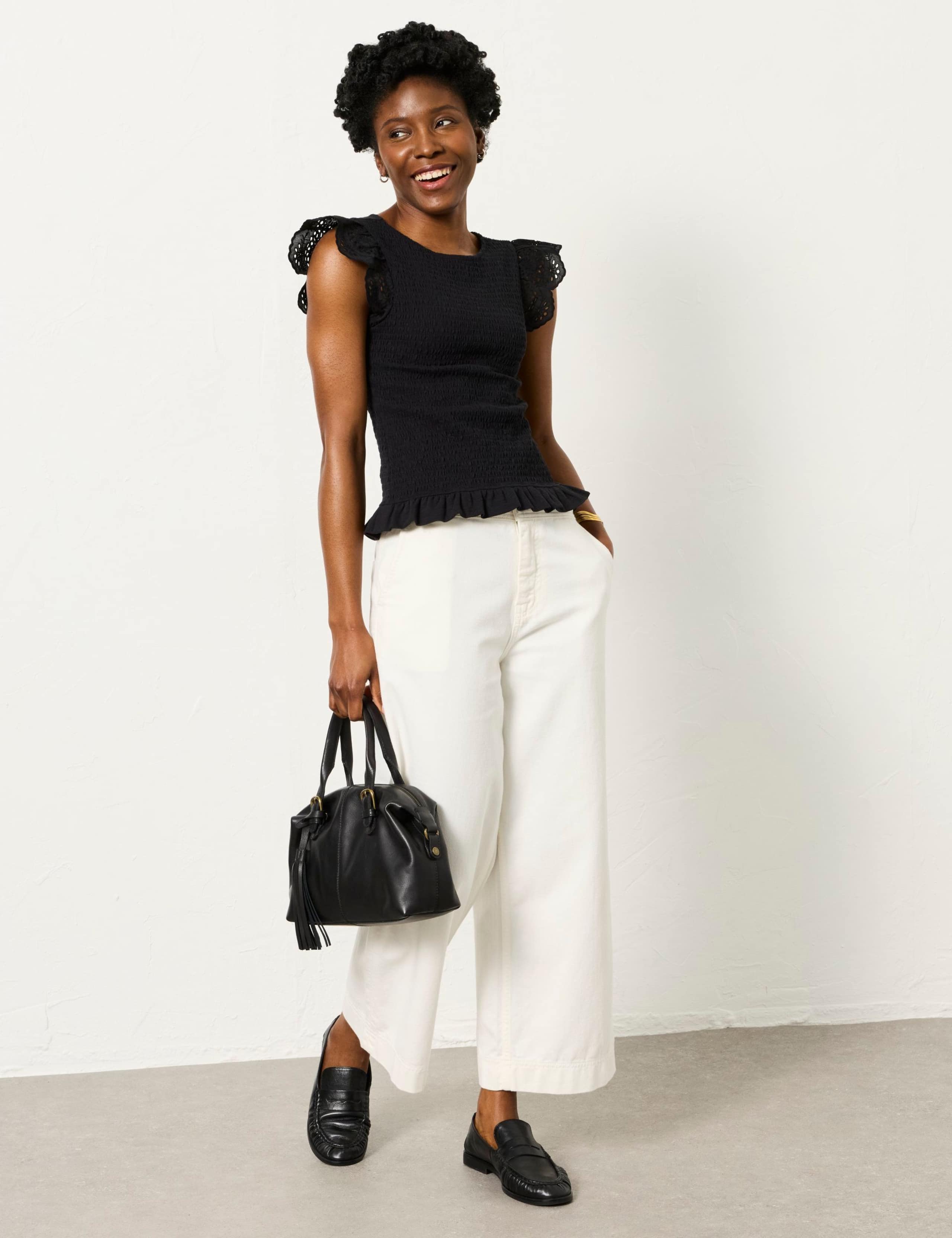 Pure Cotton Broderie Sleeve Shirred Top