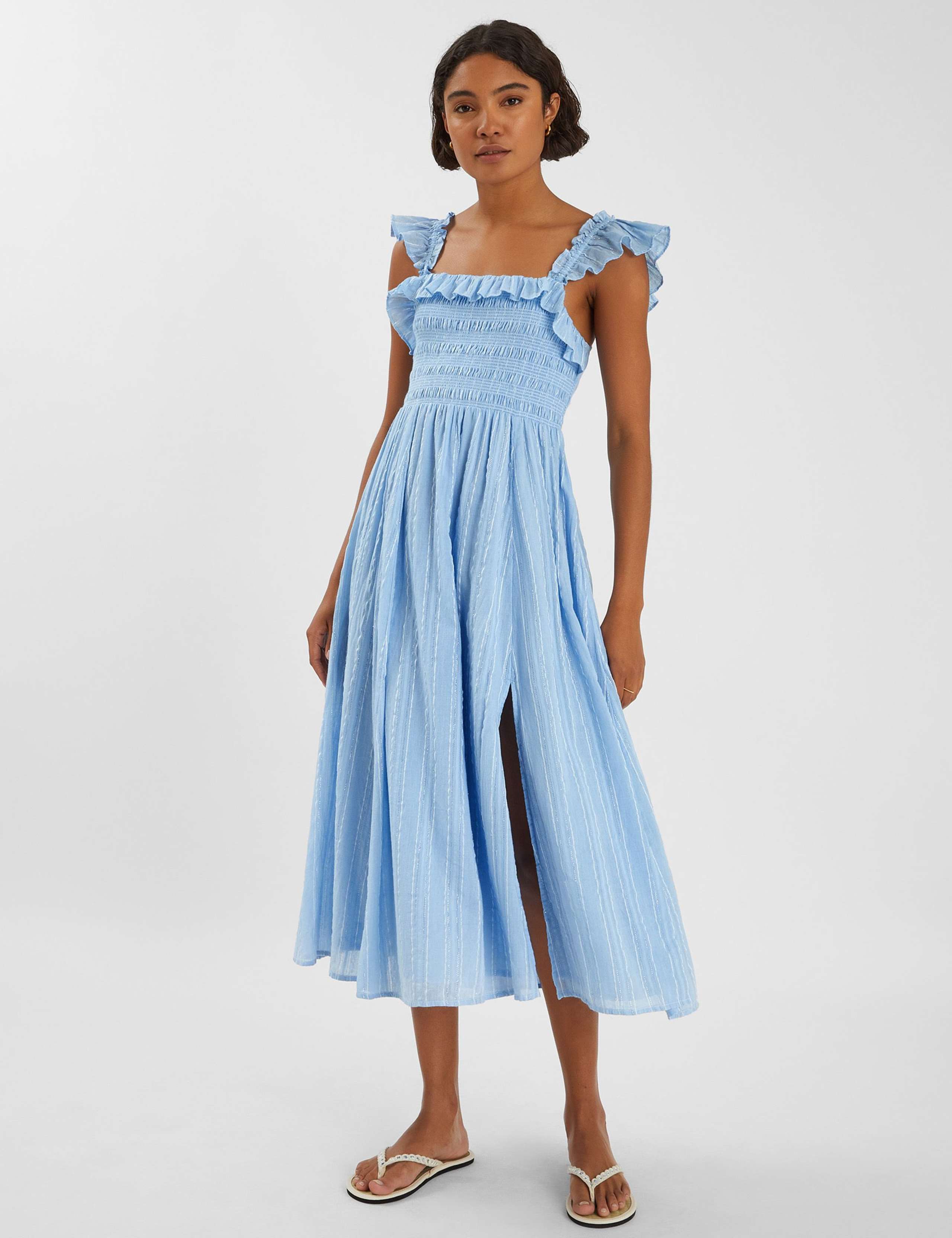 Cotton Rich Square Neck Midi Shirred Dress