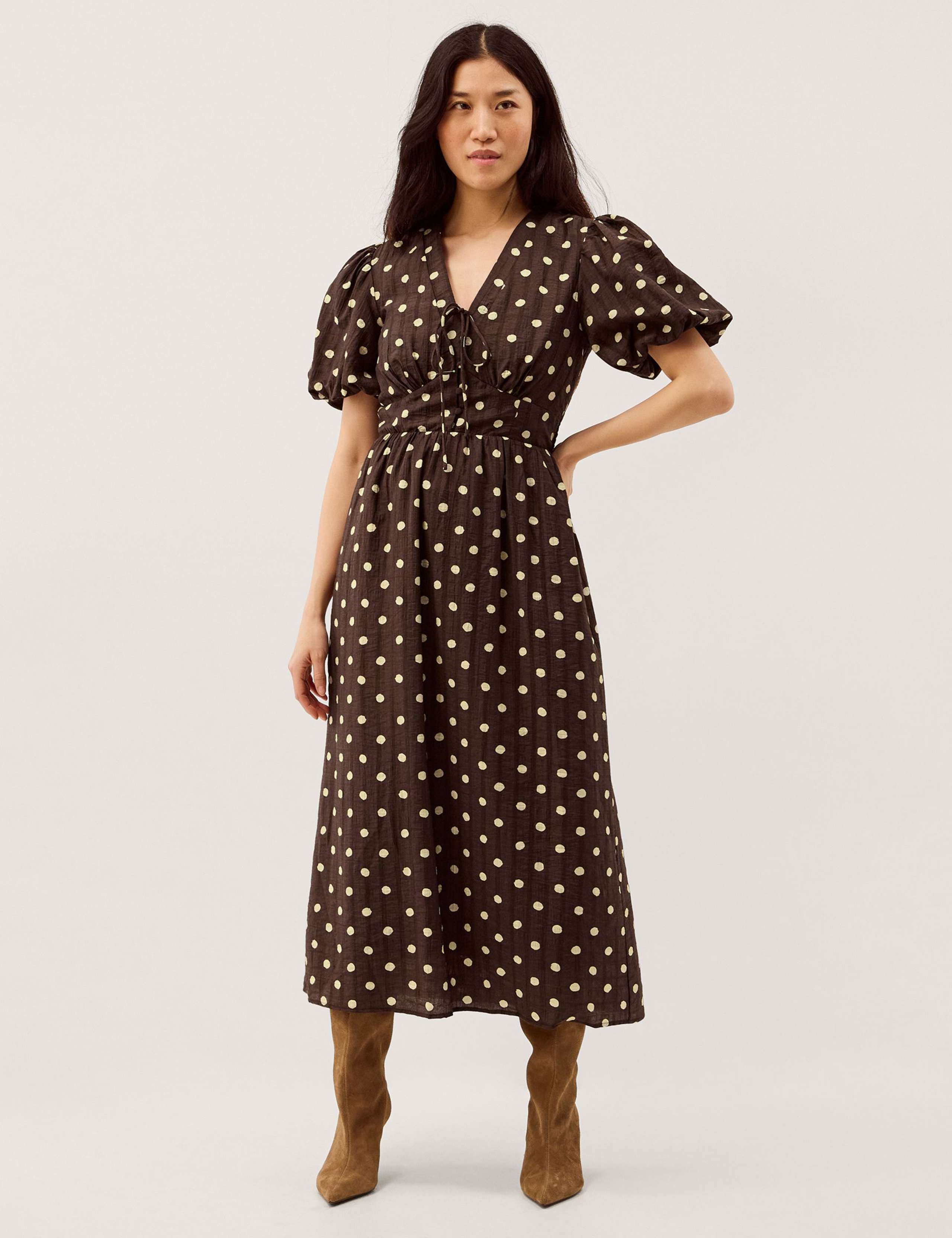 Lyocell Blend Polka Dot Midi Waisted Dress