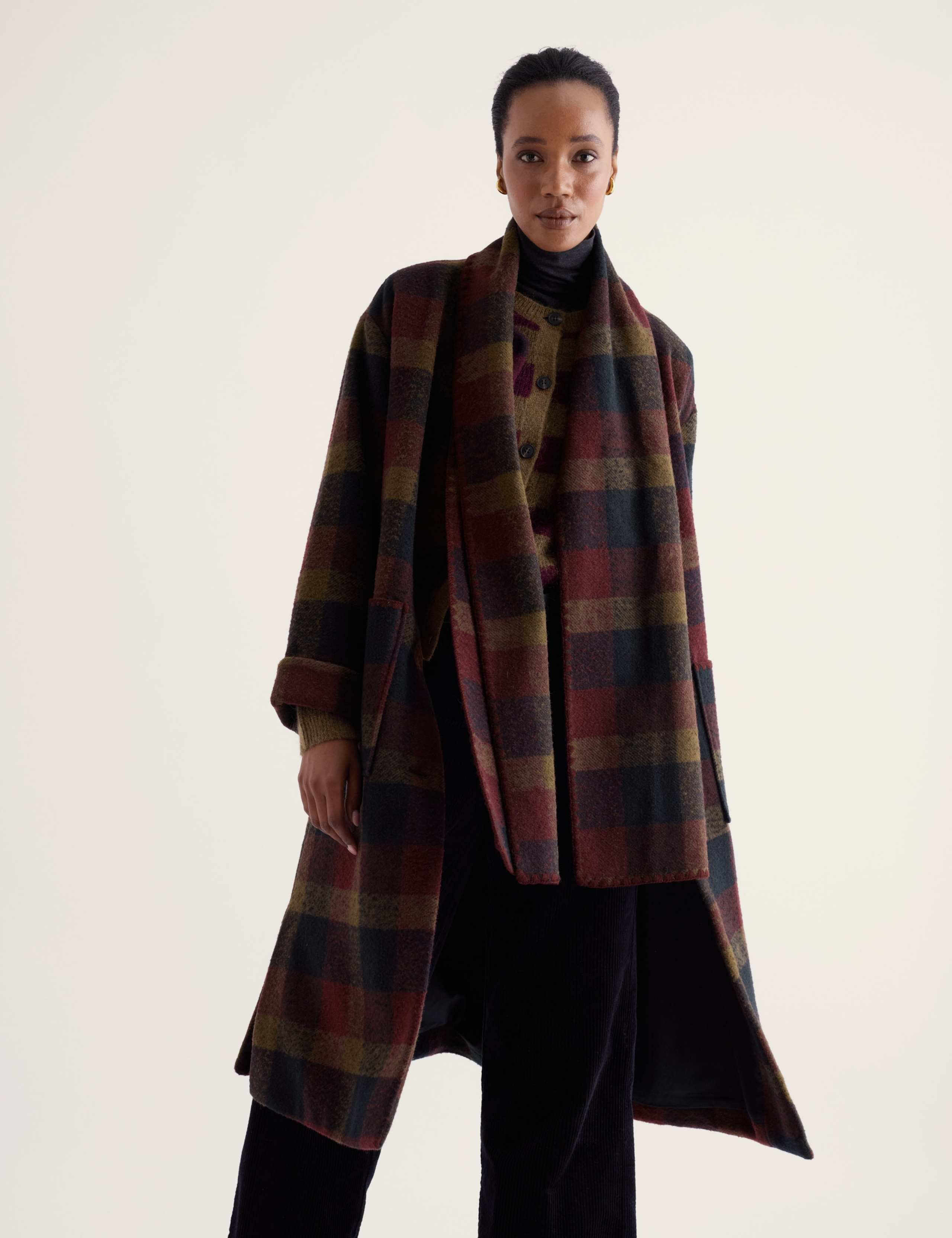 Wool Blend Checked Scarf Oversized Overcoat