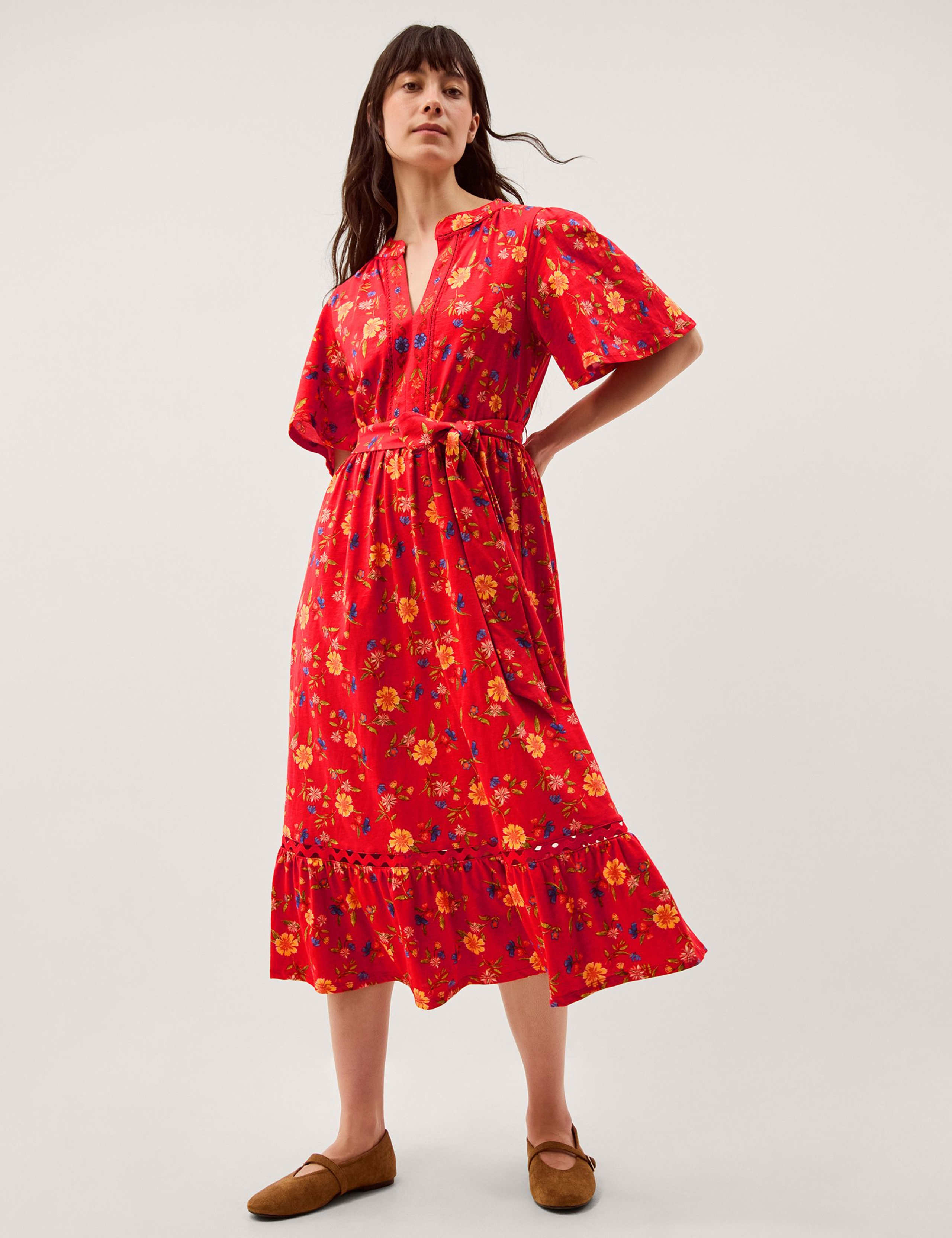 Pure Cotton Floral V-Neck Midi Waisted Dress
