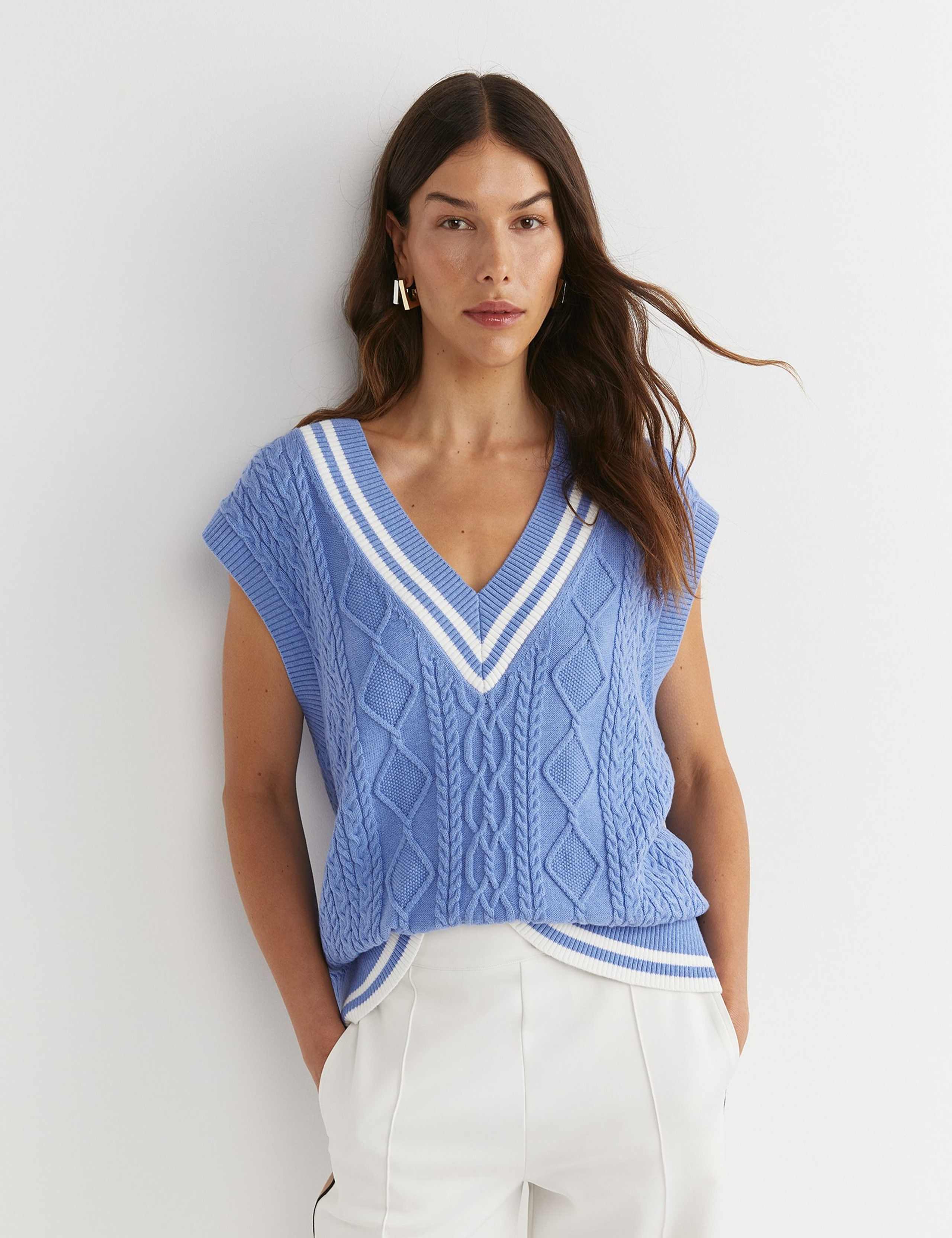 Pure Cotton Cable Knit V-Neck Knitted Vest