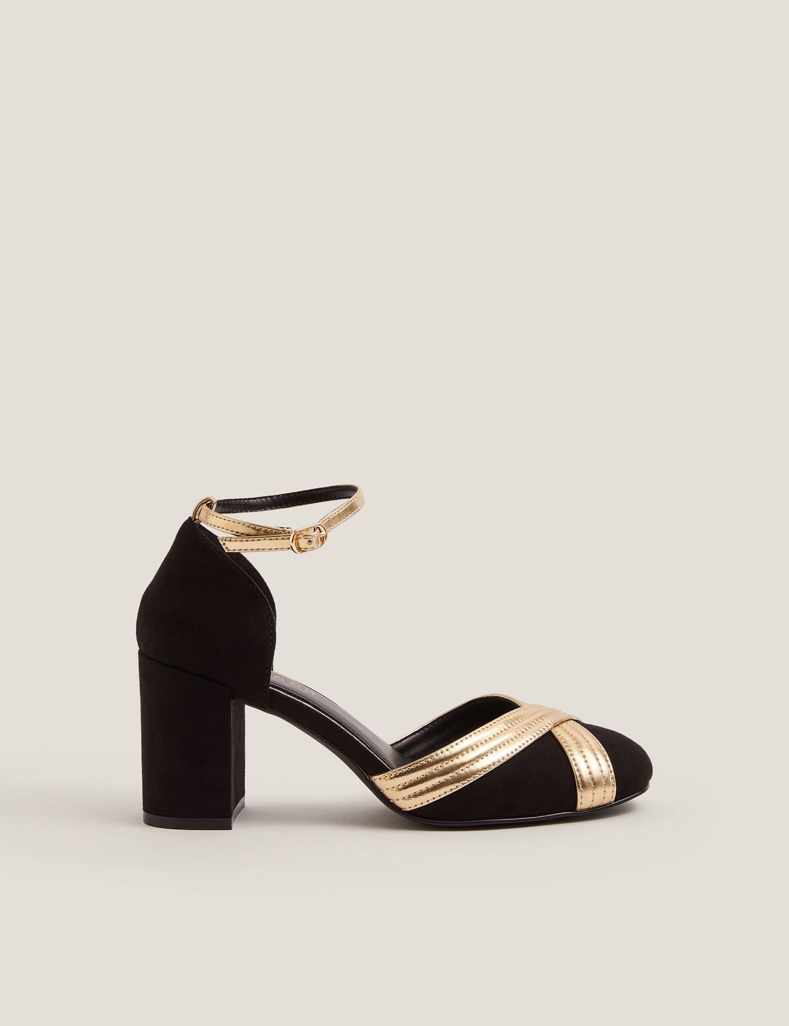 Metallic Crossover Trim Block Heel Shoes