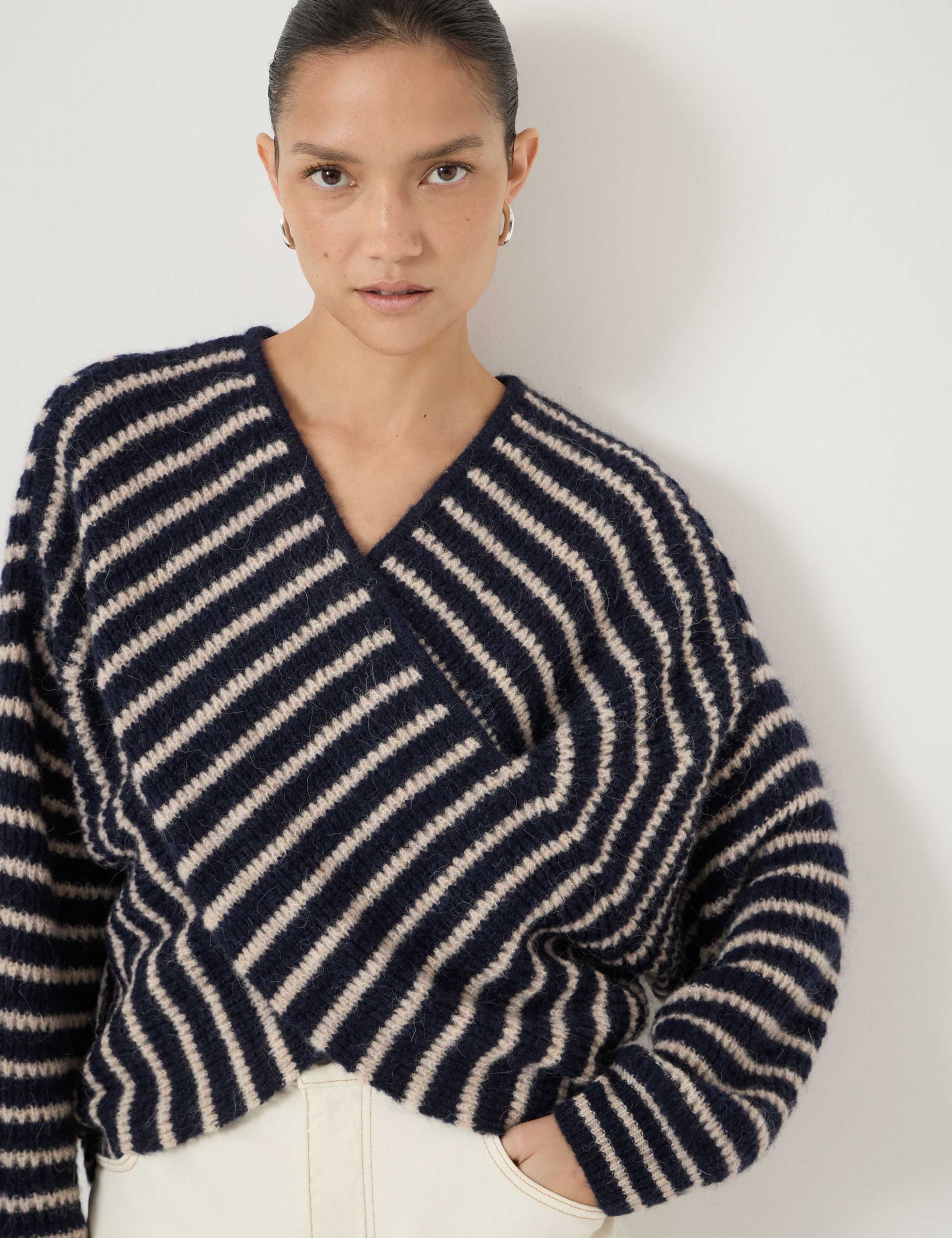 Wool Blend Striped V-Neck Cross Front Jumper