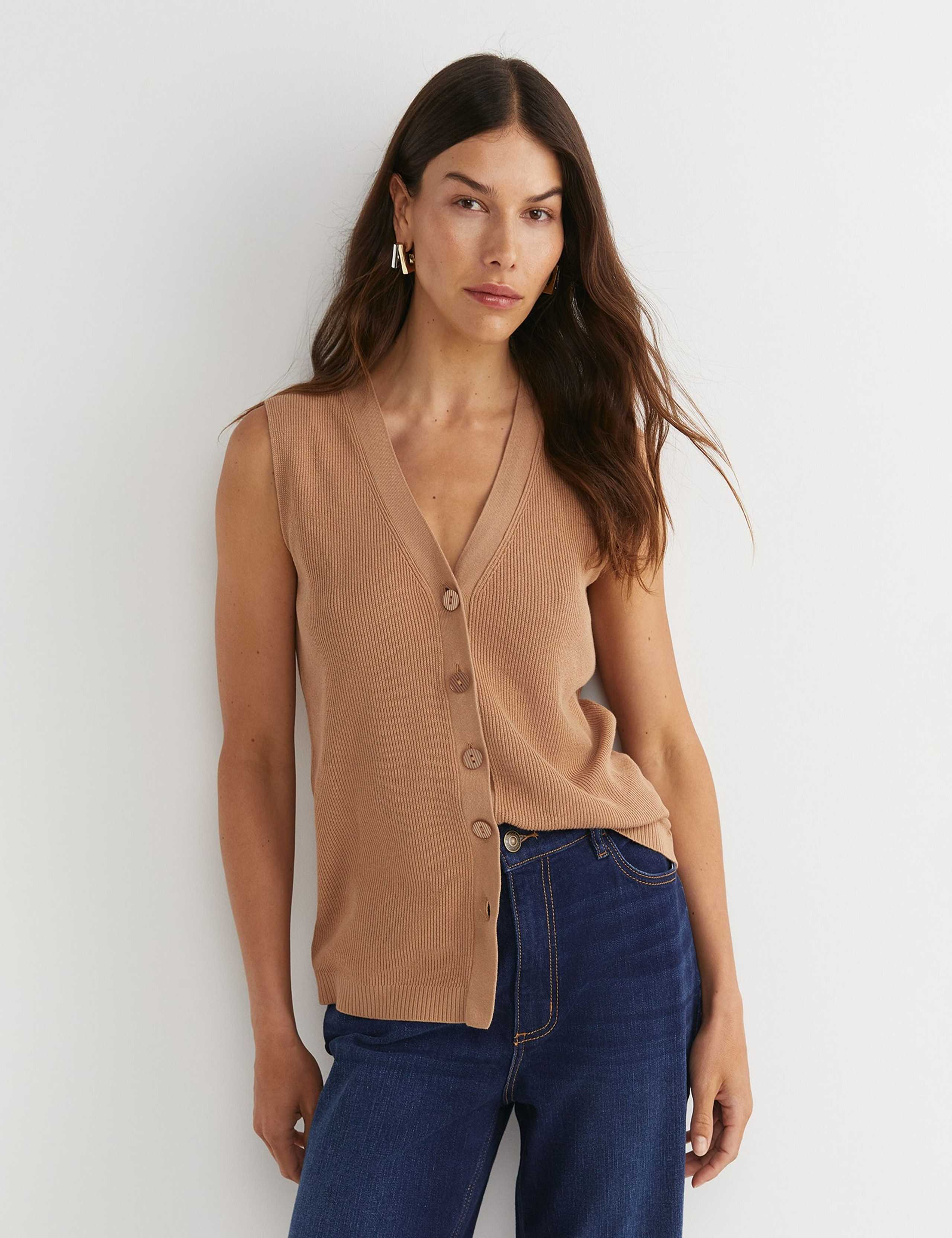 Pure Cotton Ribbed V-Neck Knitted Vest