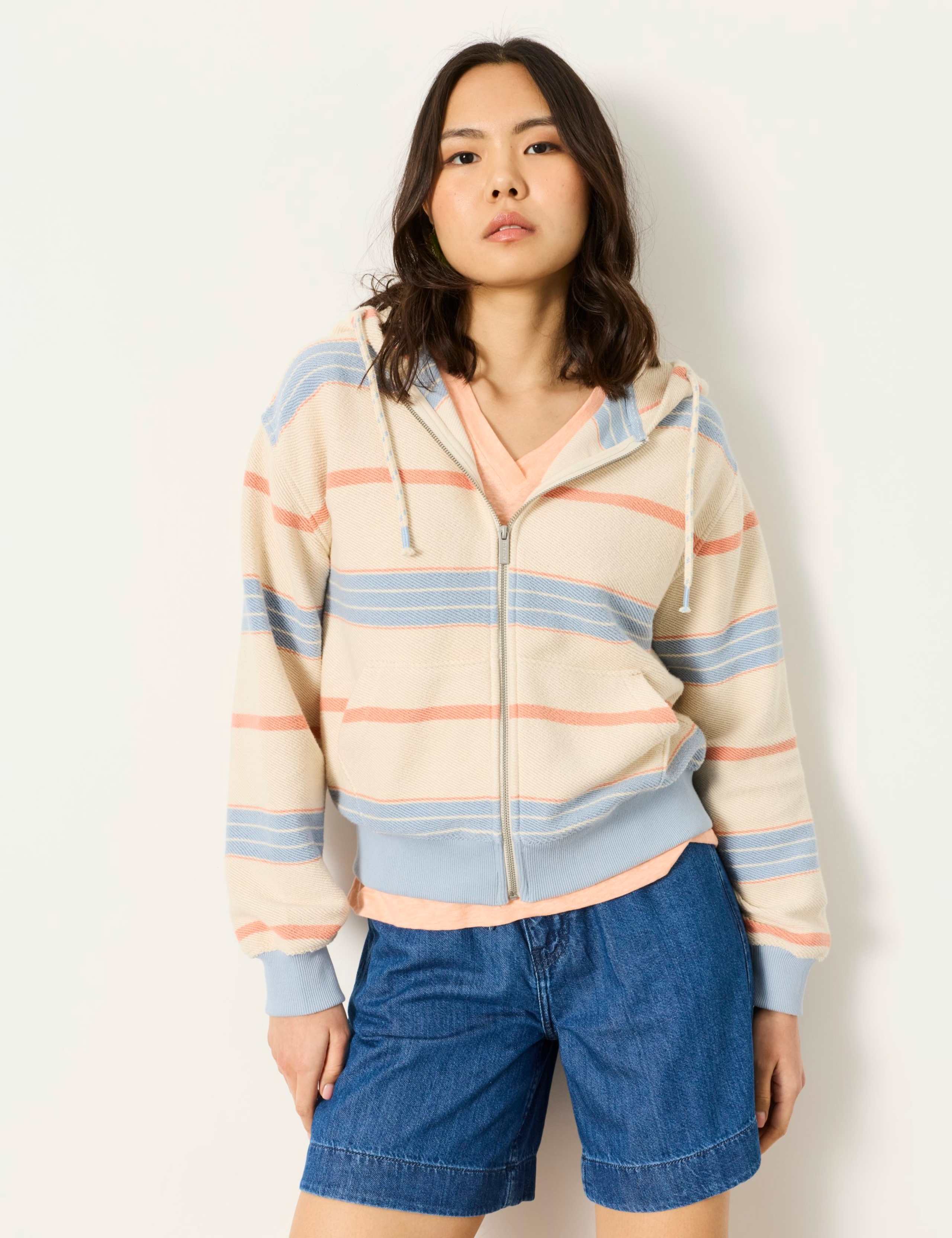 Pure Cotton Textured Striped Zip Up Hoodie