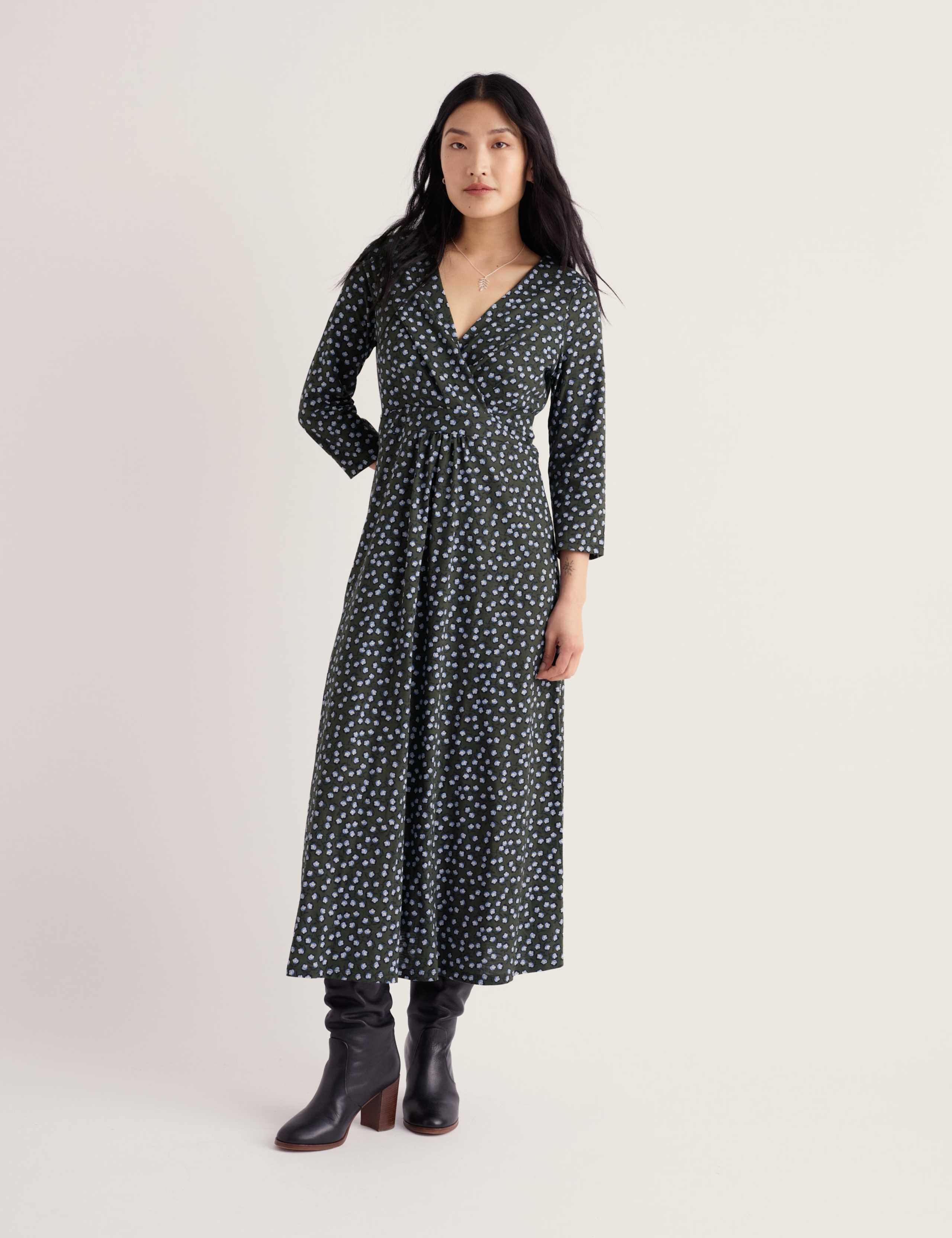 Pure Cotton Floral Midi Waisted Dress