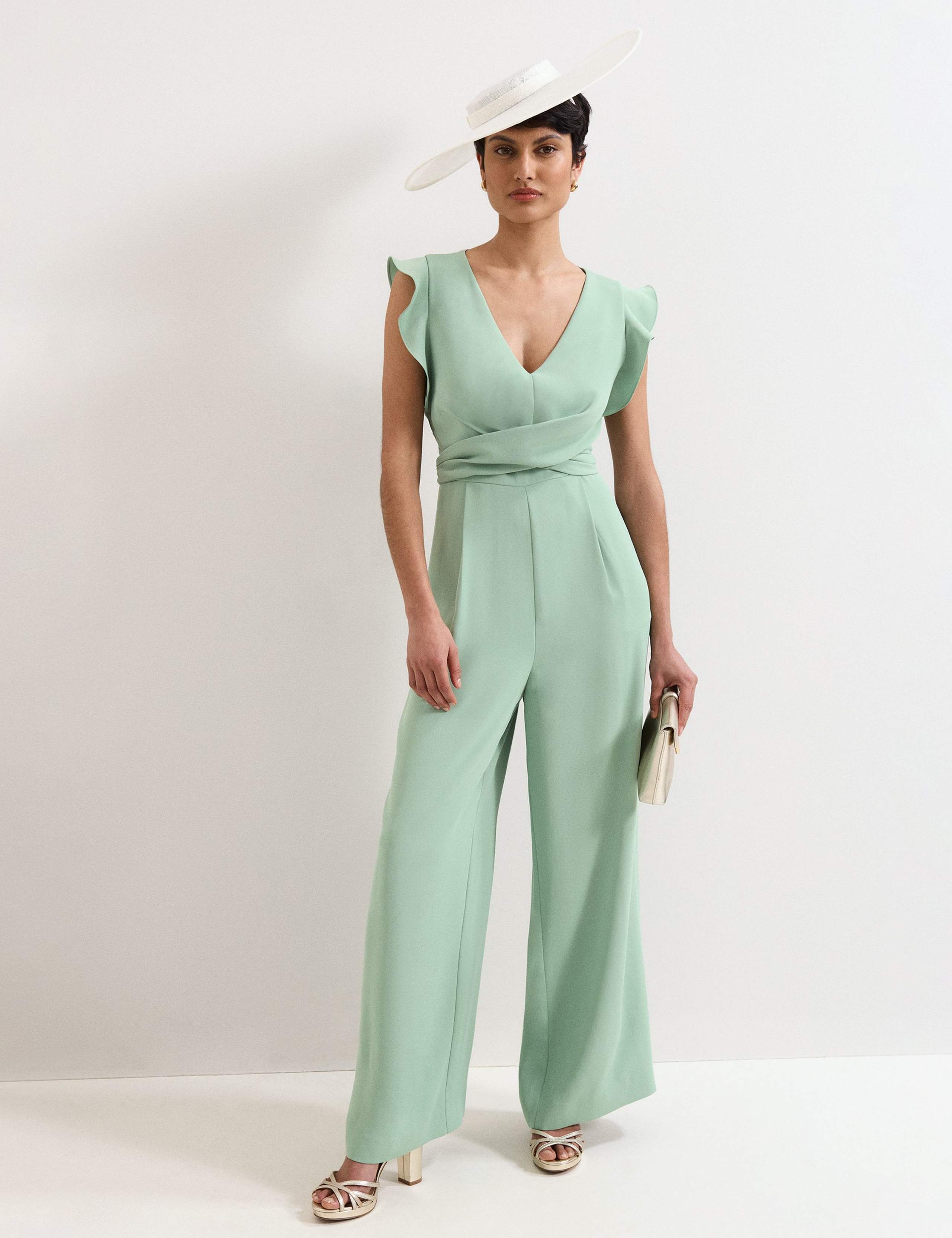 V-Neck Mock Wrap Tie Detail Wide Leg Jumpsuit