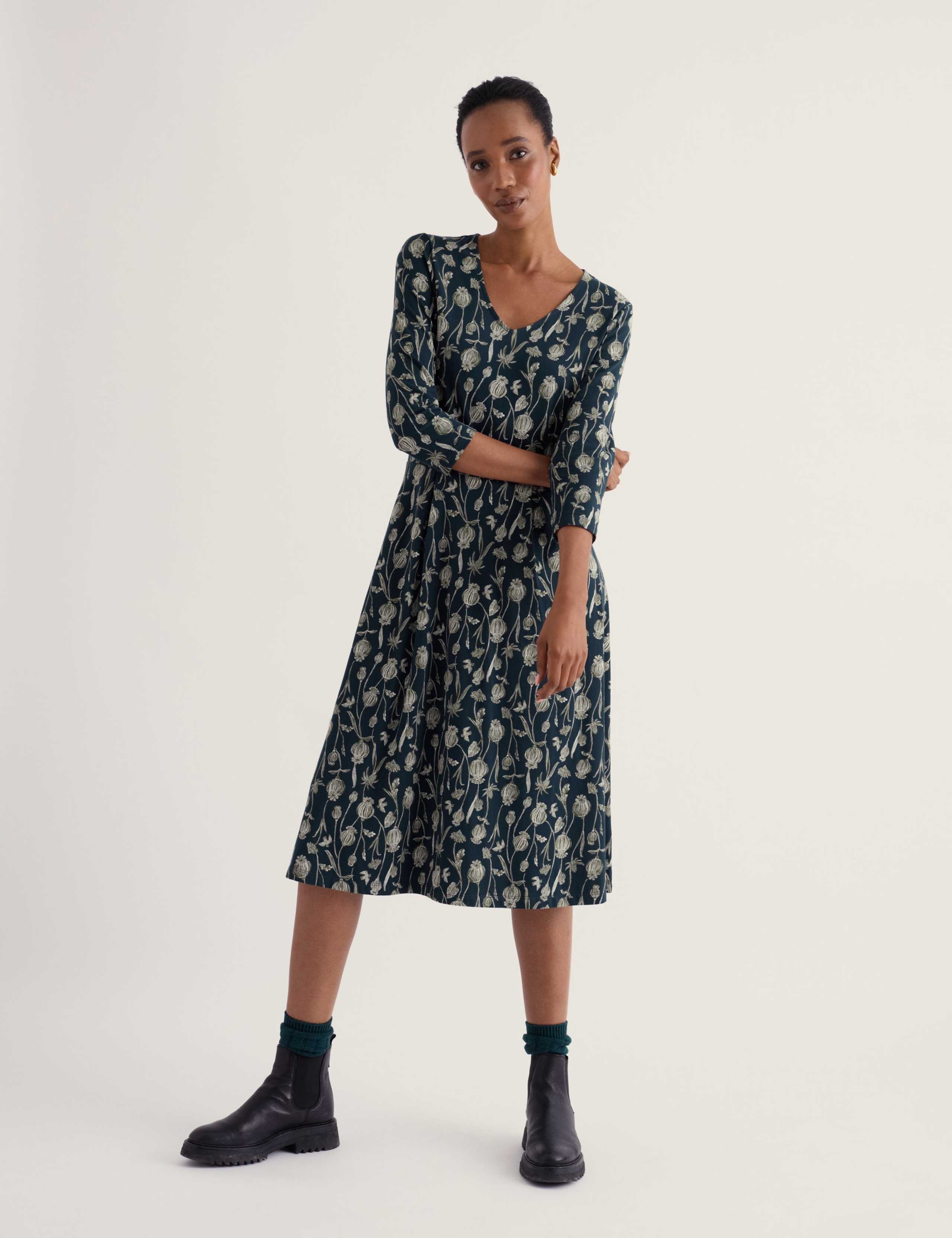 Cotton Rich Floral V-Neck Midi Waisted Dress